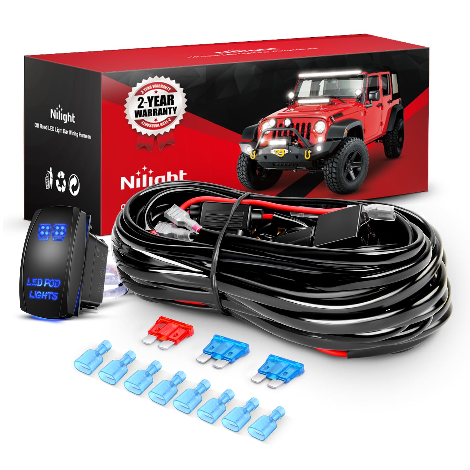 Nilight 16Awg Led Pod Lights Wiring Harness Kit 12V On Off 5Pin Rocker Switch Laser Waterproof Toggle Power Relay Blade Fuse For