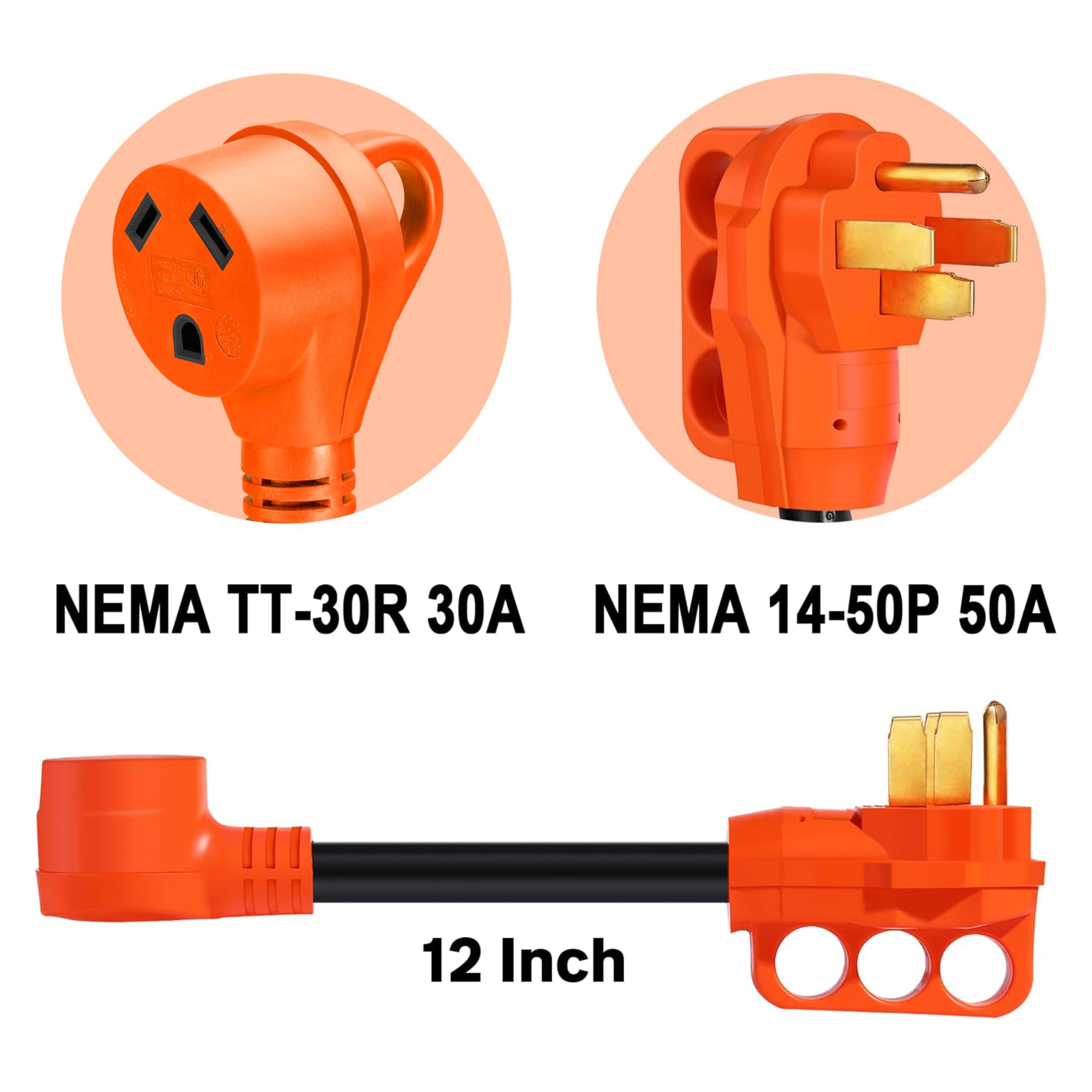 Ficstar 50 Amp To 30 Amp Rv Adapter Cord,Electrical Power Adapter,10 Gauge Rv Dogbone Adapter Cord 12 Inch With Grip,Nema 14-50P
