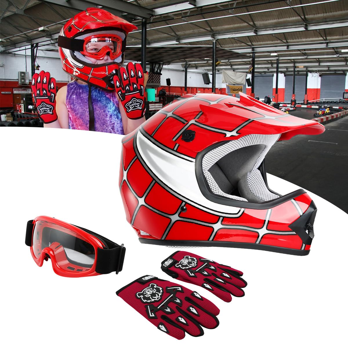 SLMOTO Youth Motocross Helmet Set - Large Red Spider Design with Goggles & Gloves, Durable ABS Material