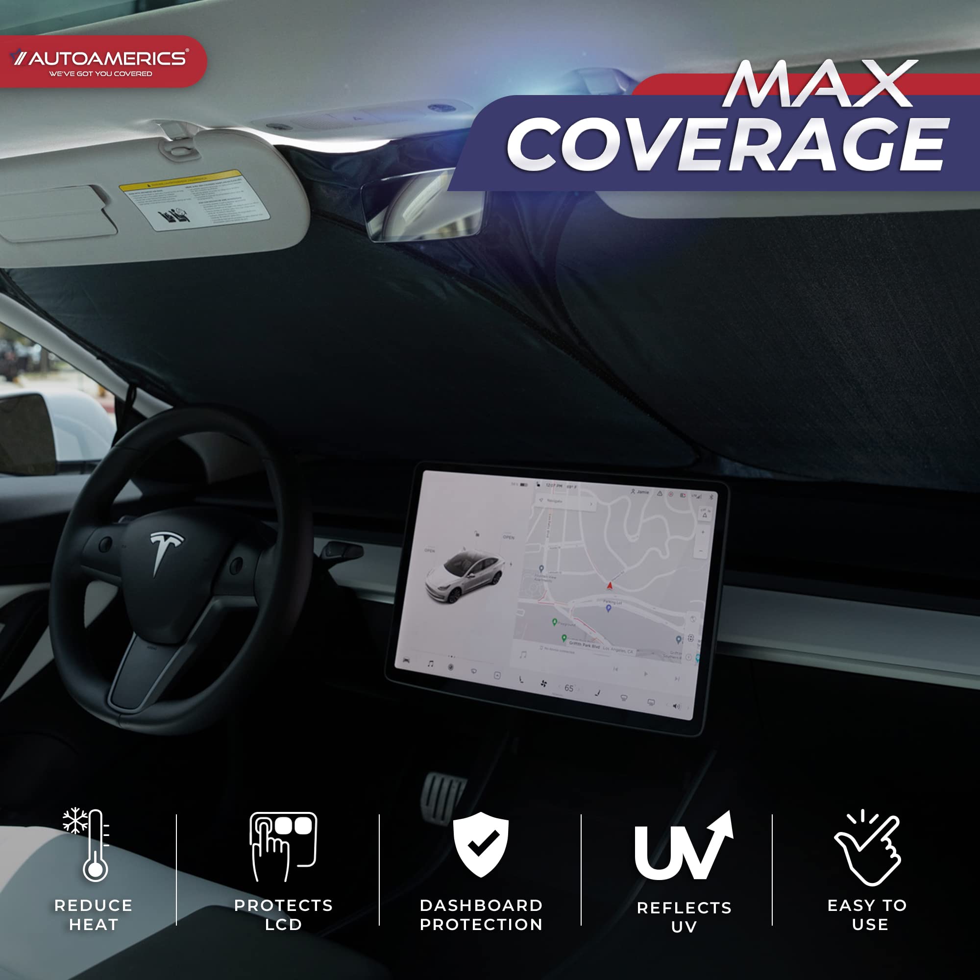 Autoamerics 1-Piece Tesla Model Y Sunshade & Tesla Model 3 Sunshade - Special Design for Model Y & 3 Windshield - Foldable Light