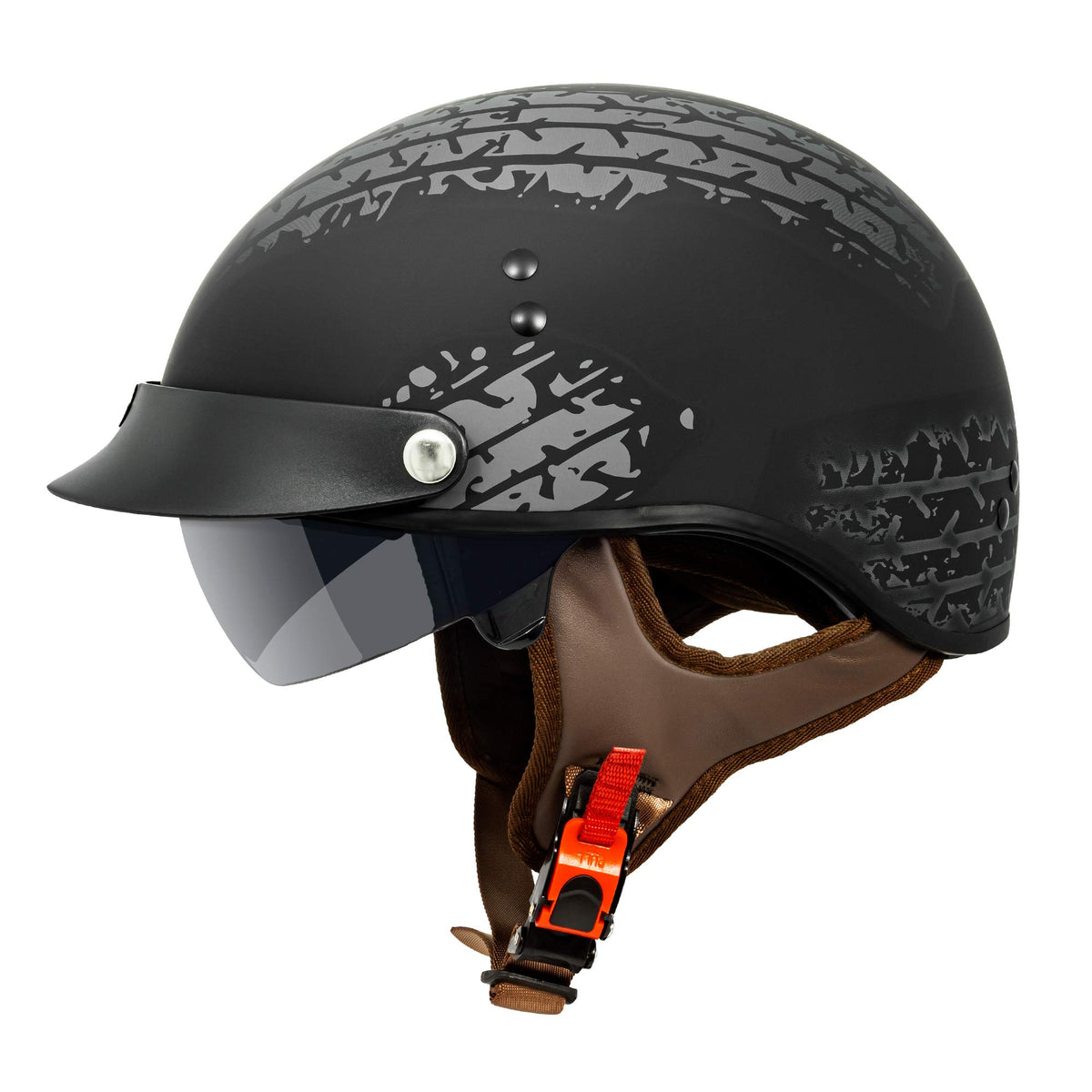Vcan Cruiser Solid Flat Black Half Face Motorcycle Helmet With Drop-Down Sun Visor, Removable Peak And Quick Release Buckle (Tre