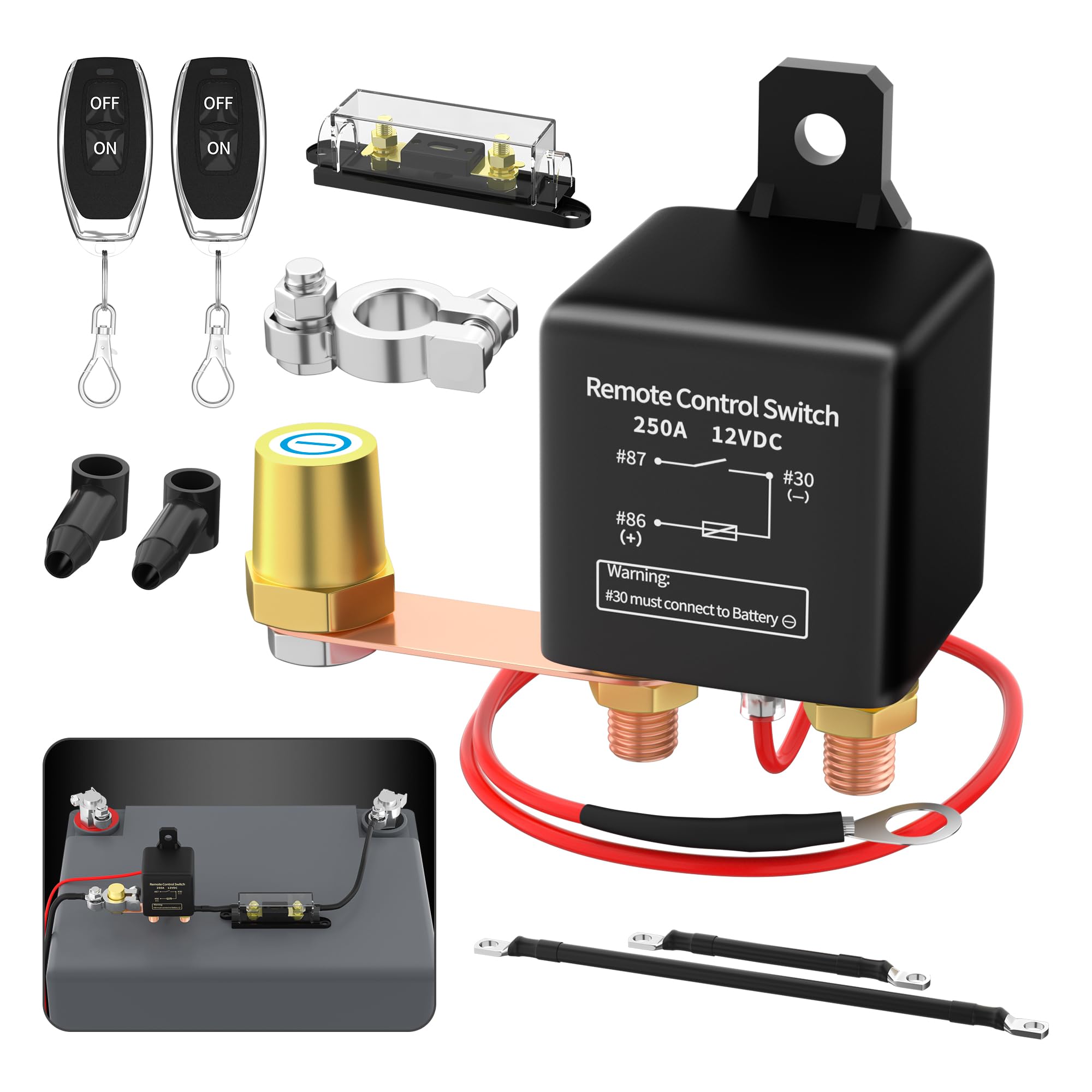 Joinfworld Kill Switch For Car 12V Remote Battery Disconnect Switch 250A Anti-Theft Remote Control Switch With Two Wireless Remo