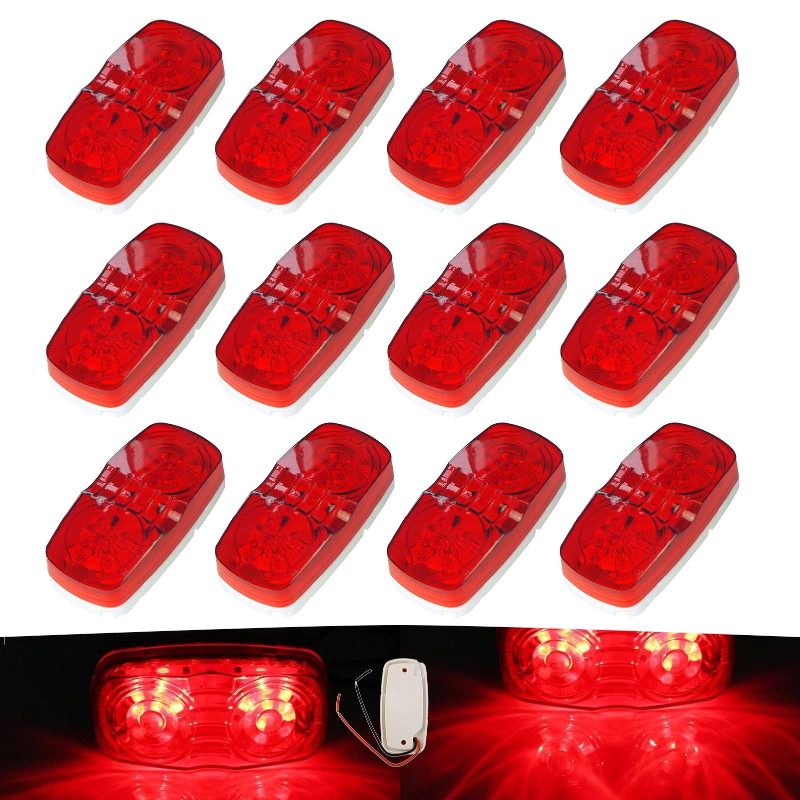 New Sun 12 Pcs Red Trailer Rv Side Marker Led Light, Bullseye/Tigereye/Double Bubble Clearance Light 10 Led, 12V 4X2 Rectangular