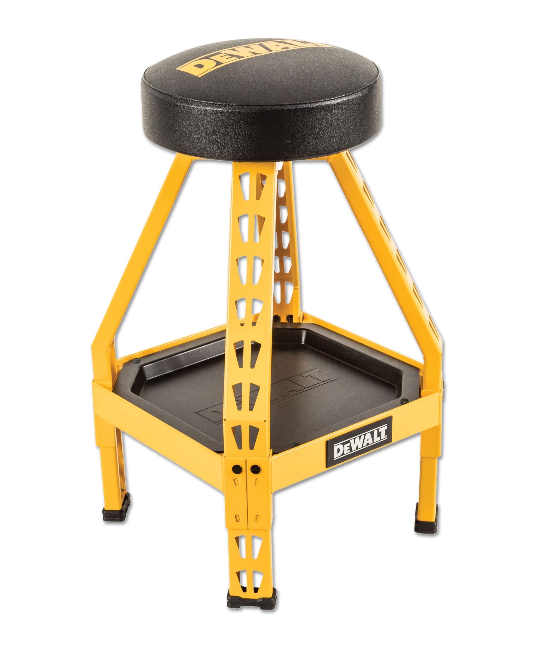 DEWALT Heavy-Duty Metal Stool for Garage and Shop, 360 Swivel Seat, Storage Tray, Padded Rip-Resistant Seat, Steel Frame, Indust