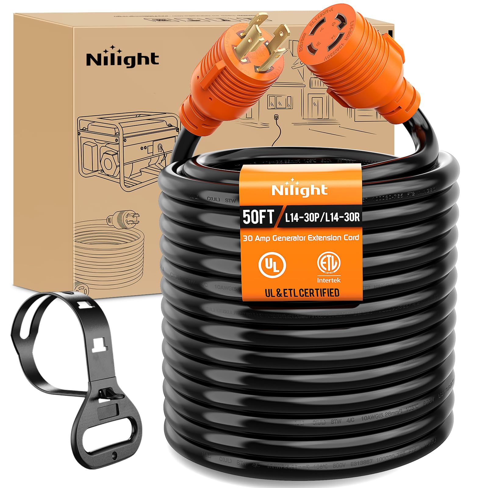 Nilight 30 Amp 50Ft Generator Extension Cord 125/250V 7500 Watt Heavy Duty 10 Gauge Pure Copper Stw Wire Etl Listed 4 Prong L14-