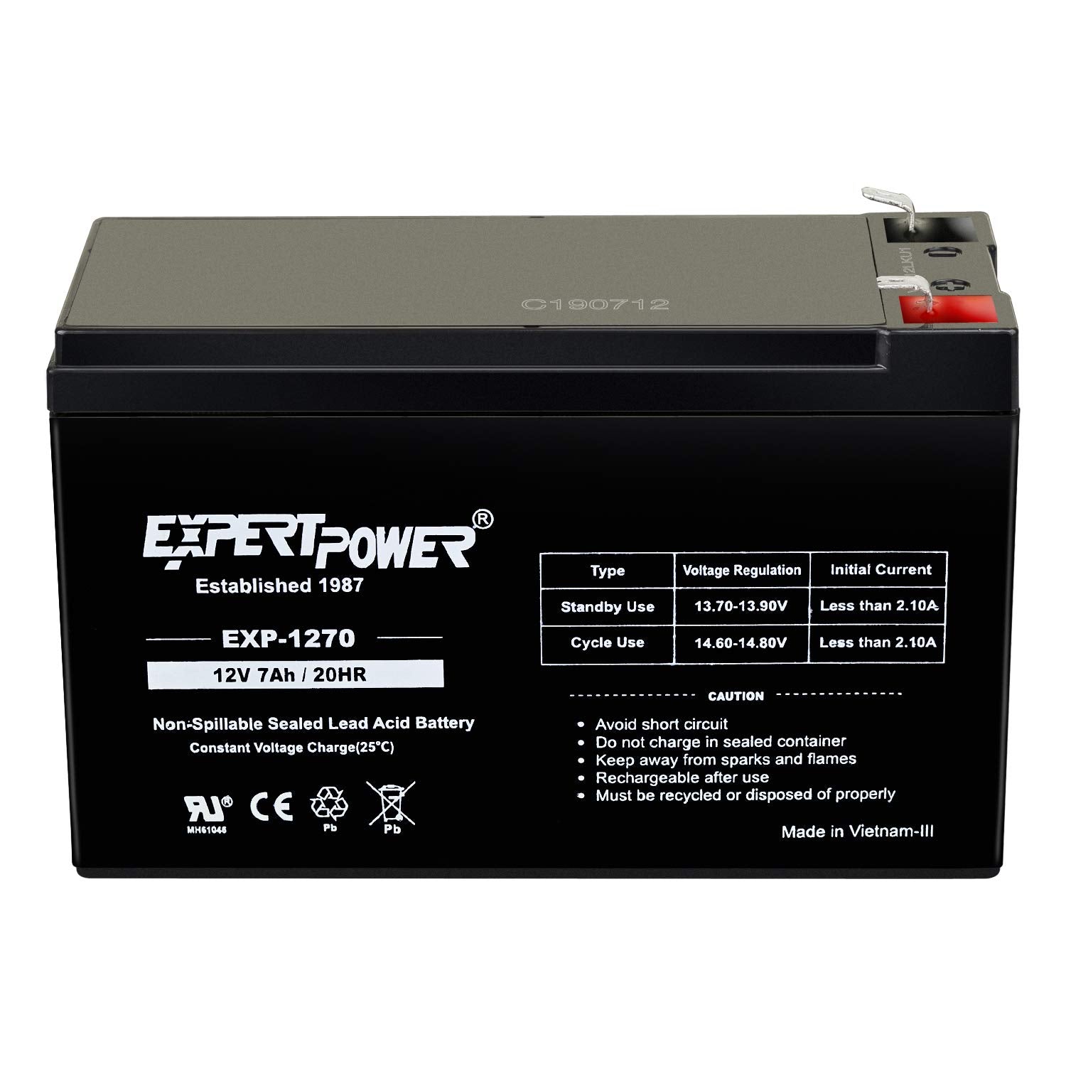 Expertpower Standard 12V 7Ah Rechargeable Sla Battery, (Exp1270-2)