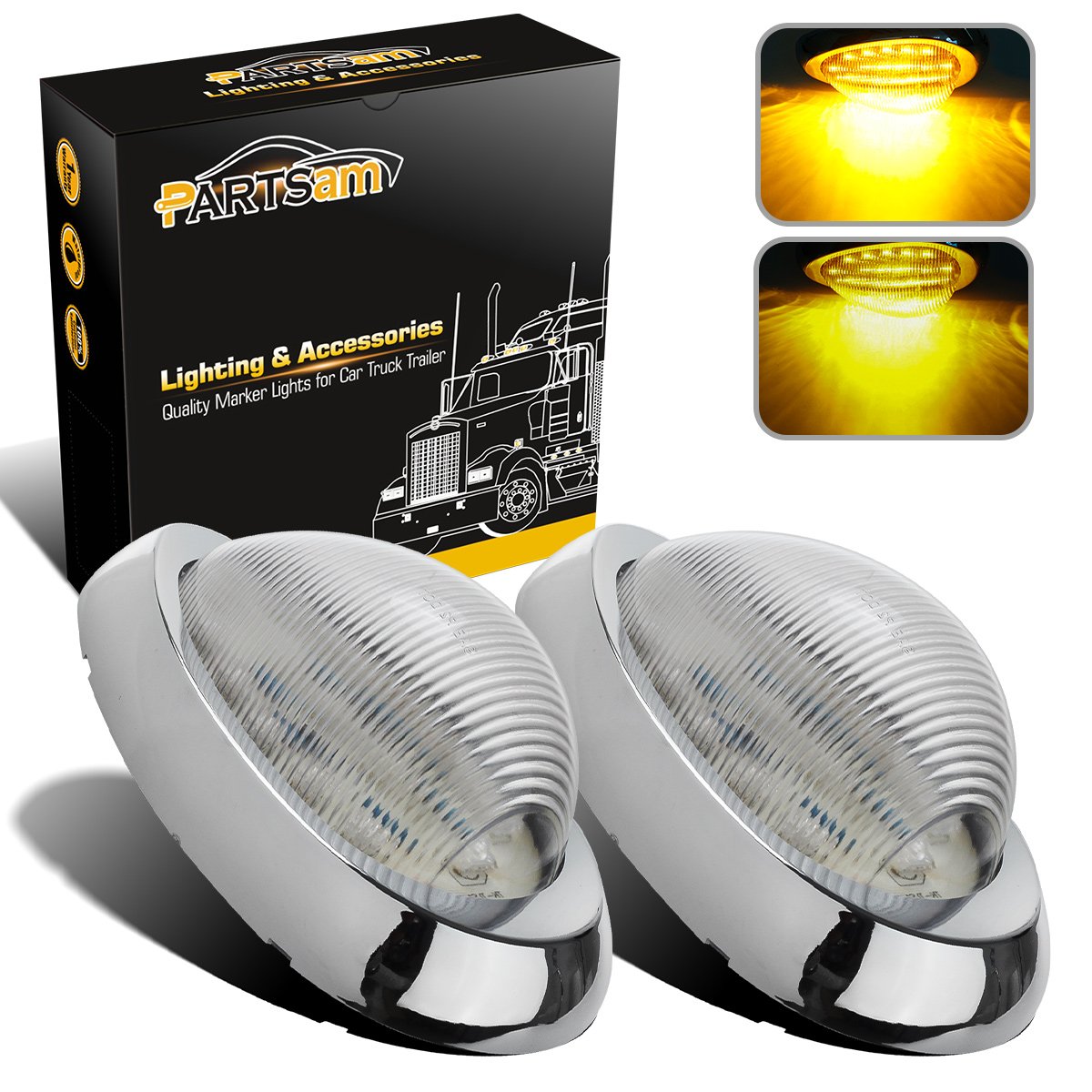 Partsam 2X Clear Lens 5-7/8 Amber 15Led Side Marker Lamp Turn Signal Teardrop Light W Chrome Bezel Replacement For Trucks Freightliner Columbia Coronado Classic Century