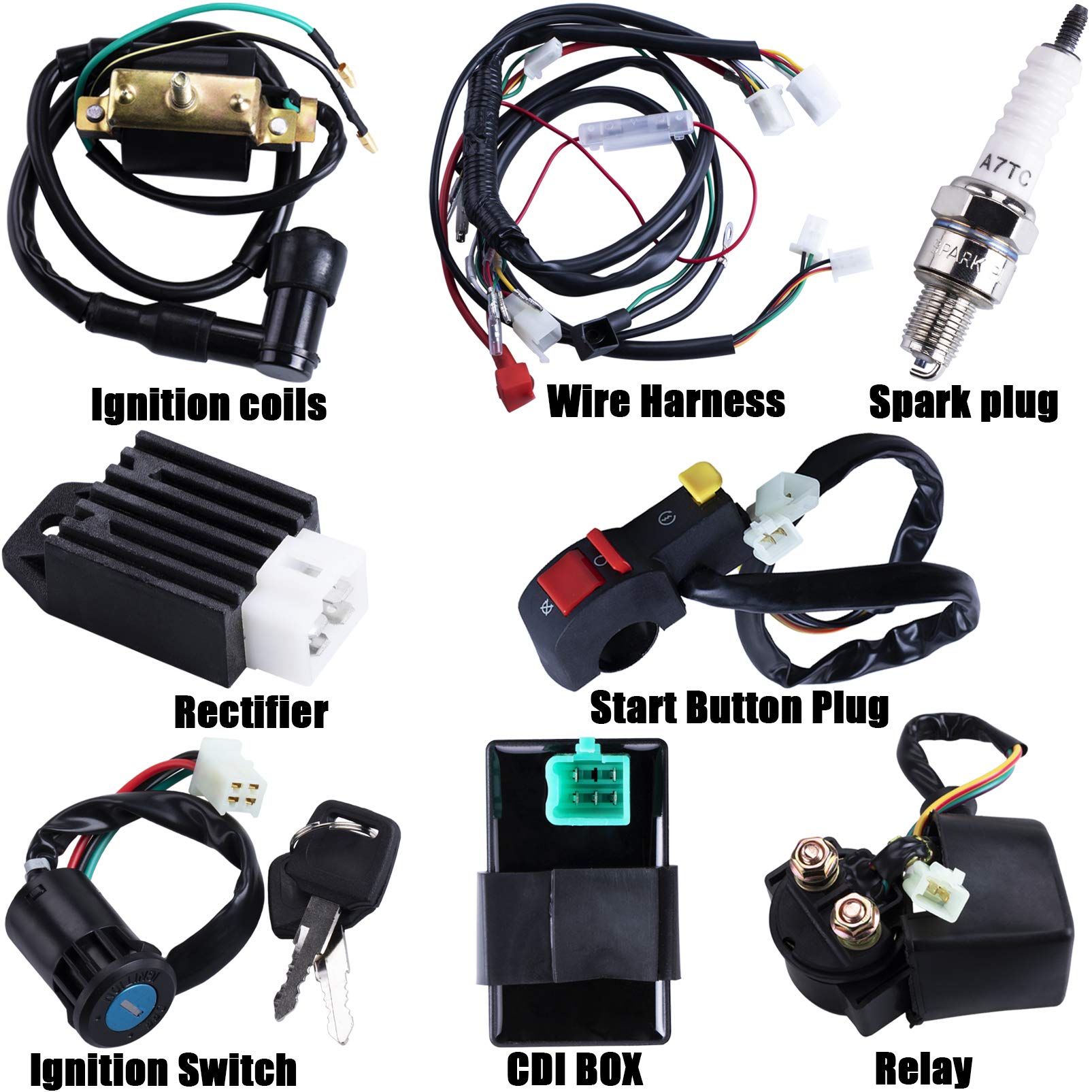 Full Wiring Harness Loom Coil Regulator Cdi Solenoid Relay Spark Plug For 4 Stroke Atv 50Cc 70Cc 90Cc 110Cc 125Cc Dirt Pit Bike Electric Start Engine By Otohans Automotive, Black