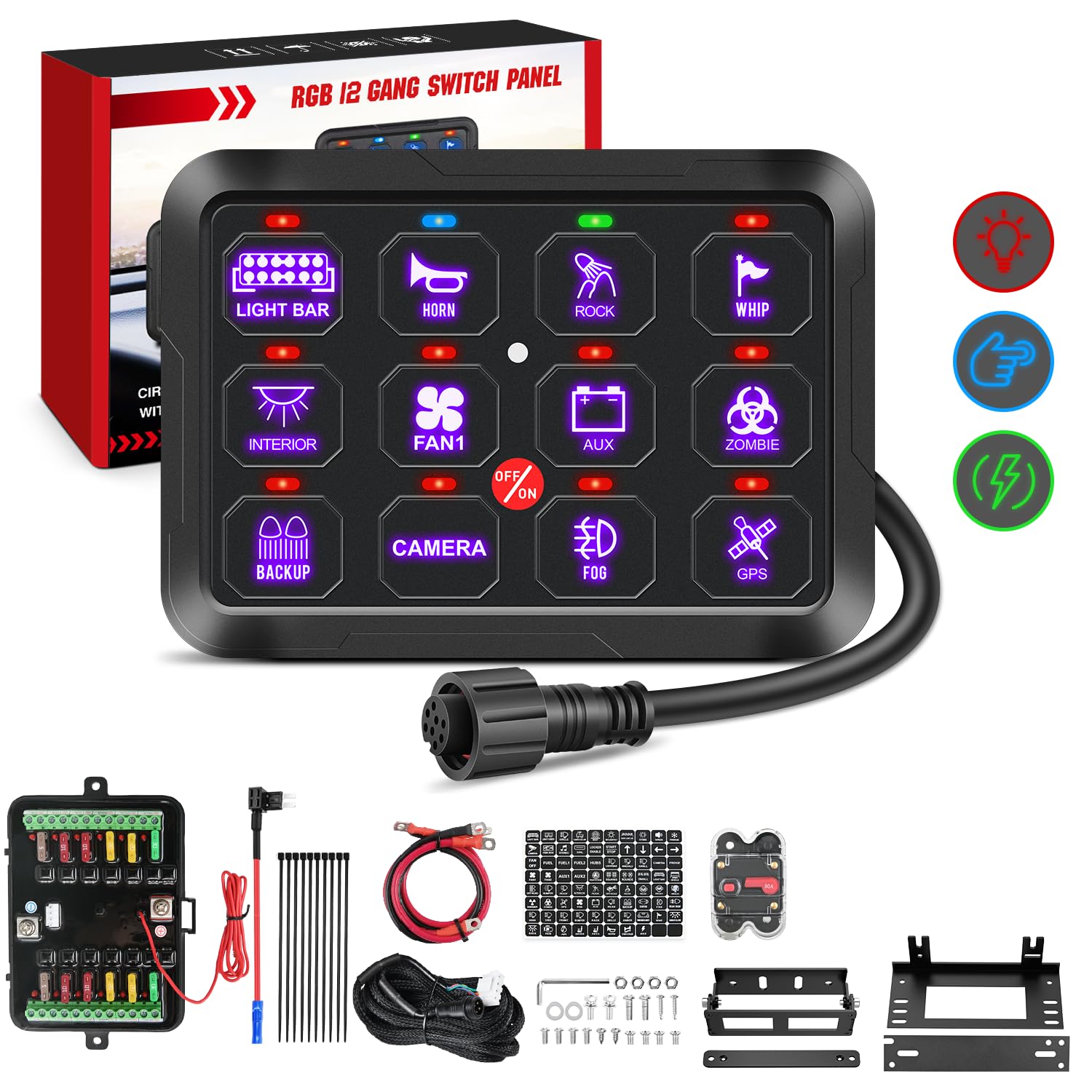 Nilight 12 Gang Switch Panel 12V 24V Universal Circuit Control Relay System with RGB Backlight Fuse Relay Wiring Harness Automat
