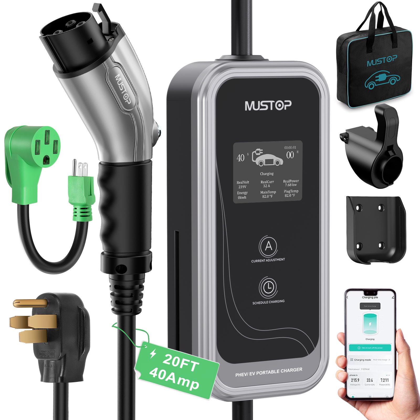 Mustop Level 1 & 2 EV Charger J1772 (40 Amp, 240 Volt, 20ft Cable),ETL Wall Connector Dual Use EV Portable NEMA 14-50 & 5-15 Wi-