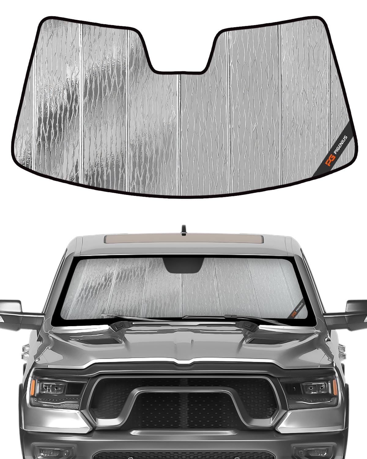 Pigenius Windshield Sun Shade For 2019 2020 2021 2022 2023 Dodge Ram 1500 - Premium Folding Sunshade (For Car With 10 Inch Wide