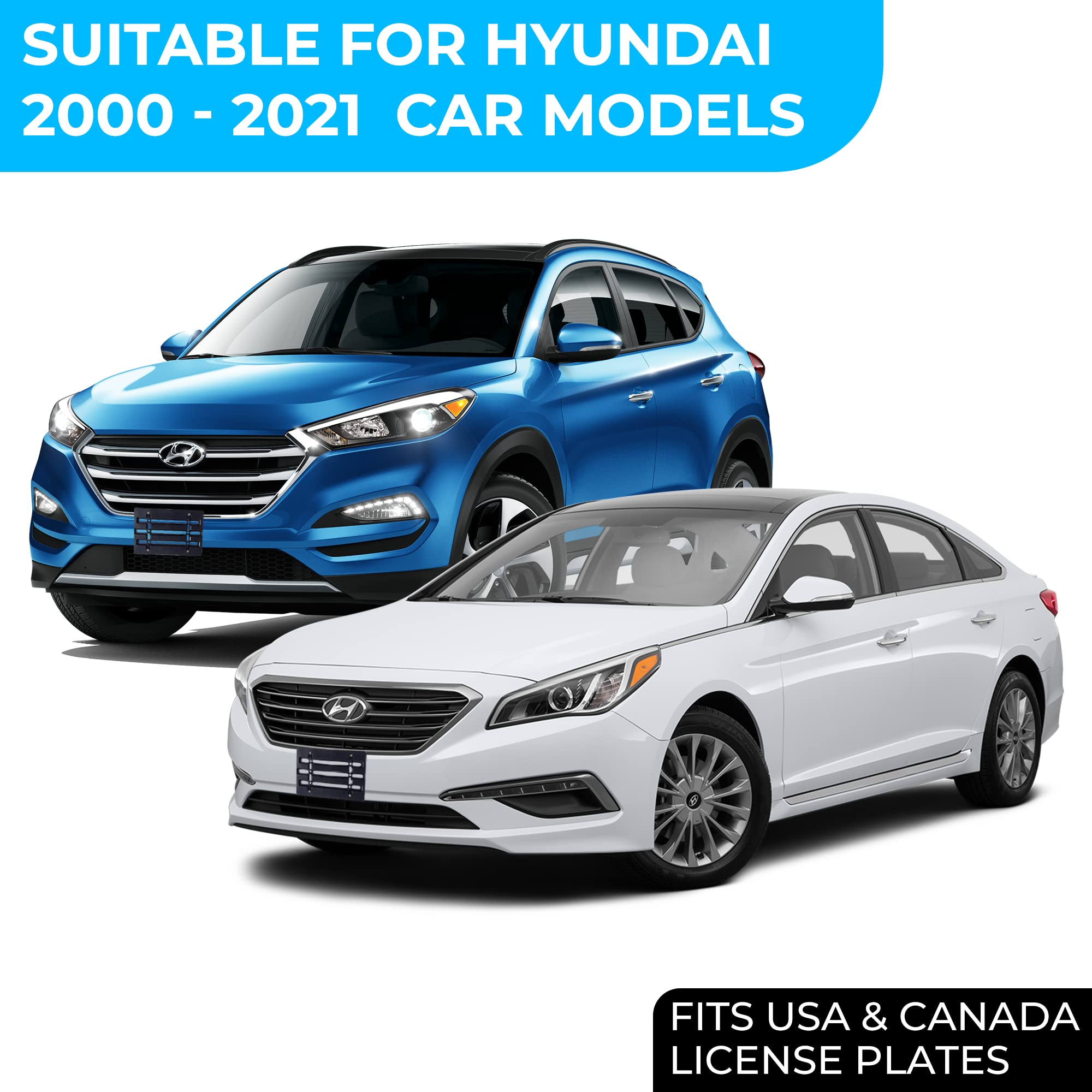 Front Bumper License Plate Bracket For Hyundai , Plate Holder Set W 6 Unique Screw Bolts & Wrench Kit, License Tag Mounting Kit, Quality Plate Holders, Premium Car & Truck Accessories