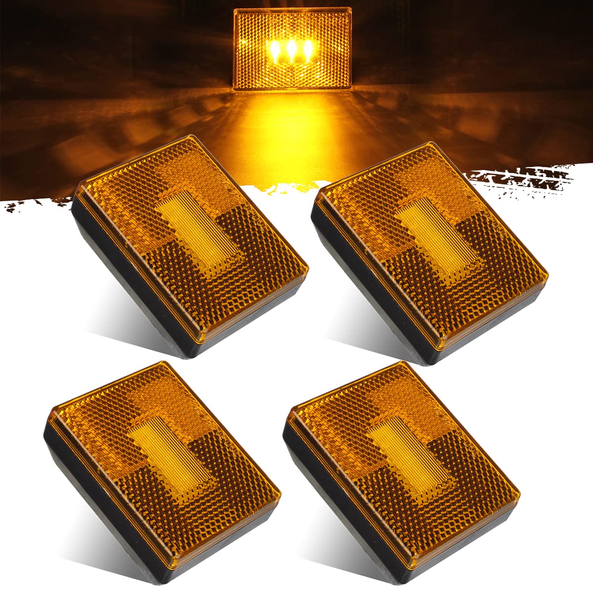 Partsam 4Pcs Amber Square Clearance Side Marker Light Trailer Rv W Reflex Reflector, 2-4/5'' Rectangular Amber Stud-Mount Led Ma
