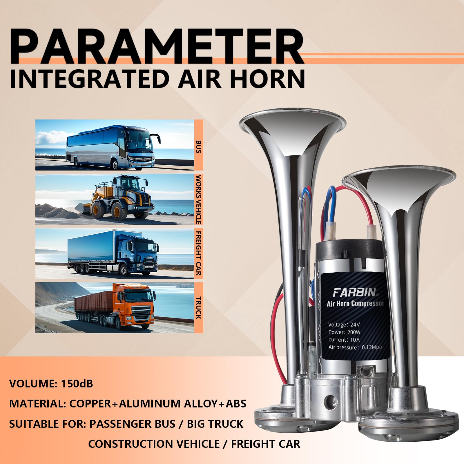 Farbin Air Horn 24V Train Horn Truck Horn With Compressor 24V Airhorns Horns Loud Dual Trumpet Chrome Plating For Any 24V Vehicl
