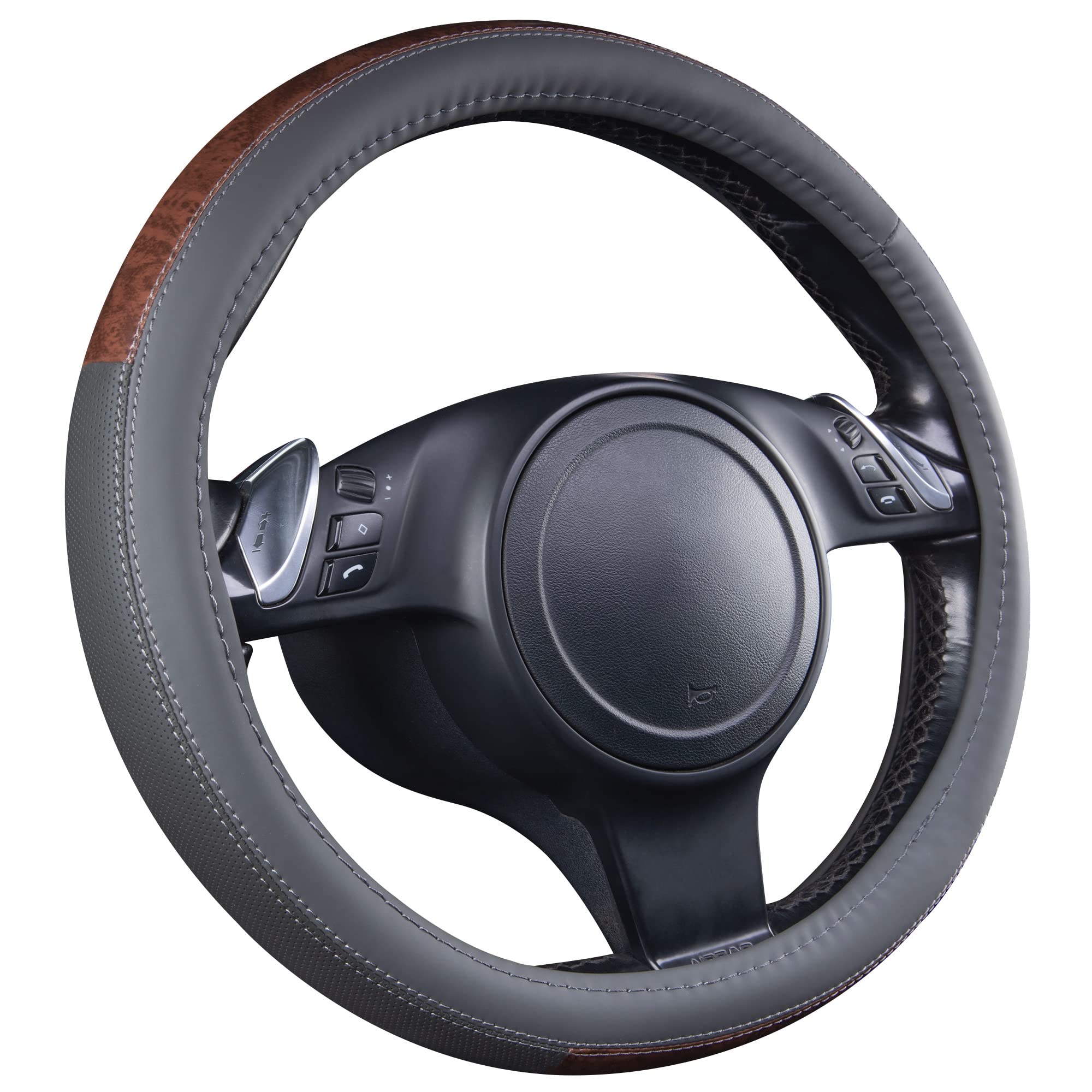 Car Pass Wood Grain Microfiber Leather Steering Wheel Cover, Universal Fit For 14 1/2-15 Inch Gray Steering Wheel, Anti-Slip Vei