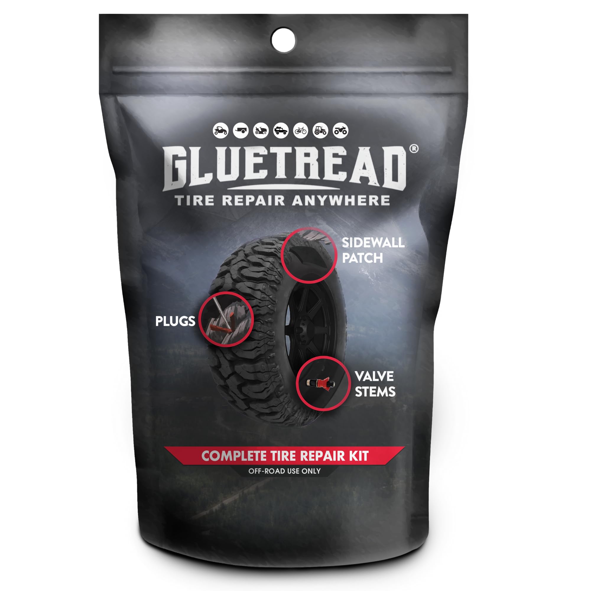 Gluetread Complete Off-Road Tire Repair Kit | Repair Any Kind Of Tire Puncture | Includes Sidewall Tire Repair Patches, Plugs An