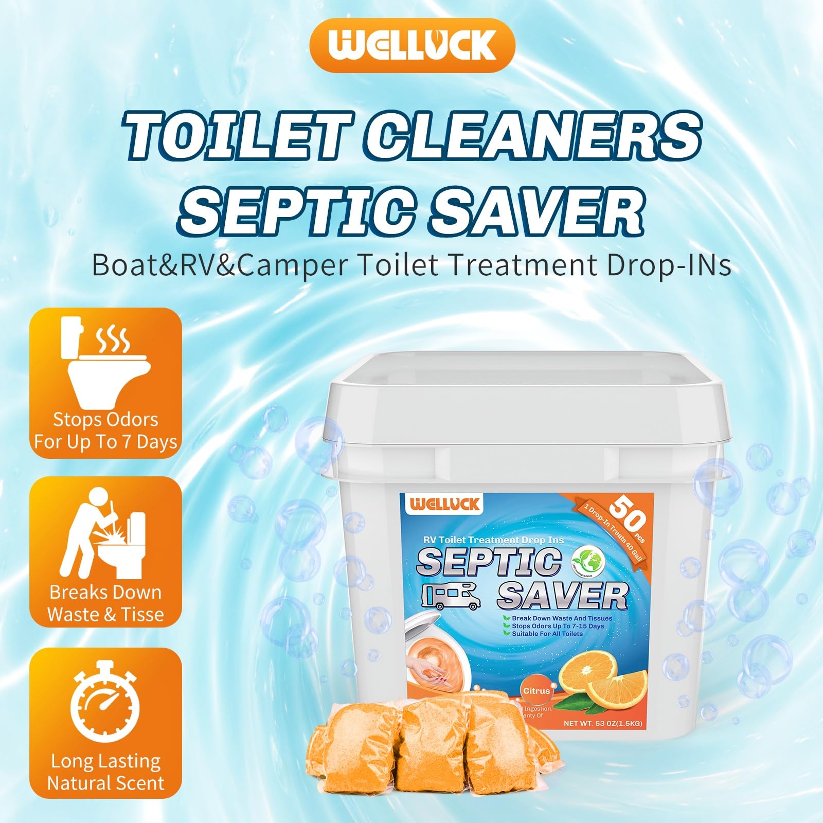 Welluck 50 Packs Rv Toilet Treatment Drop Ins, Black Tank Deodorizer For Camper, Marine Portable Toilet, Break Down Waste And Ti