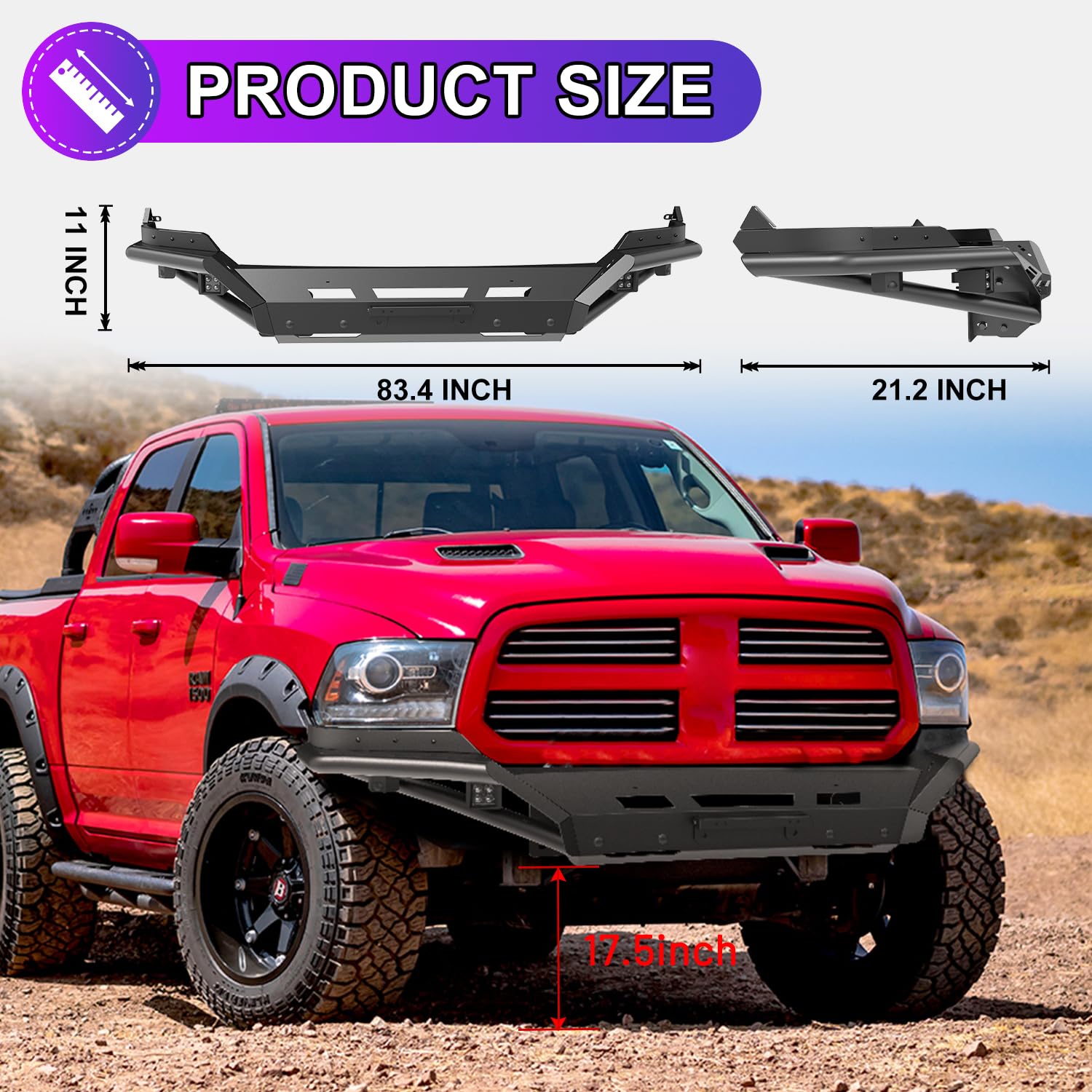Nixon Offroad Heavy Duty Steel Front Bumper for 2013-2023 RAM 1500, LED Pod Lights, Style B, 2 PCS COMBO