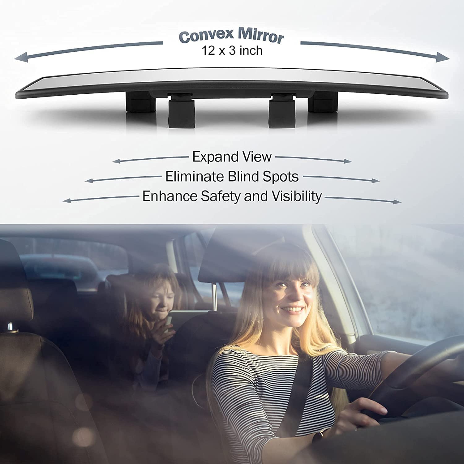 Verivue Mirrors Universal 12 Inch Interior Clip On Panoramic Rearview Mirror, Anti Glare, Clear Tint, Wide Angle Mirror, Car Mir