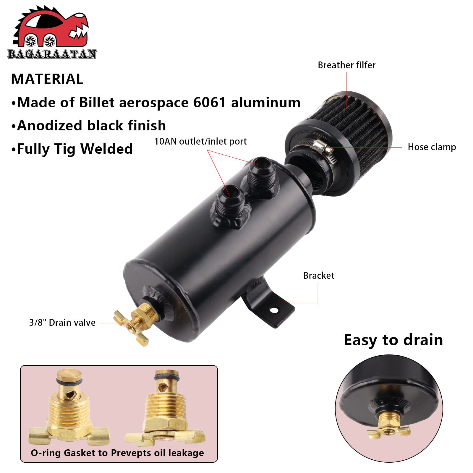 Bagaraatan 10An Baffled Oil Catch Can Breather Can With Drain Valve 750Ml Bundle And 10Ft 10An 5/8'' Fuel Line Fitting Kit Nylon