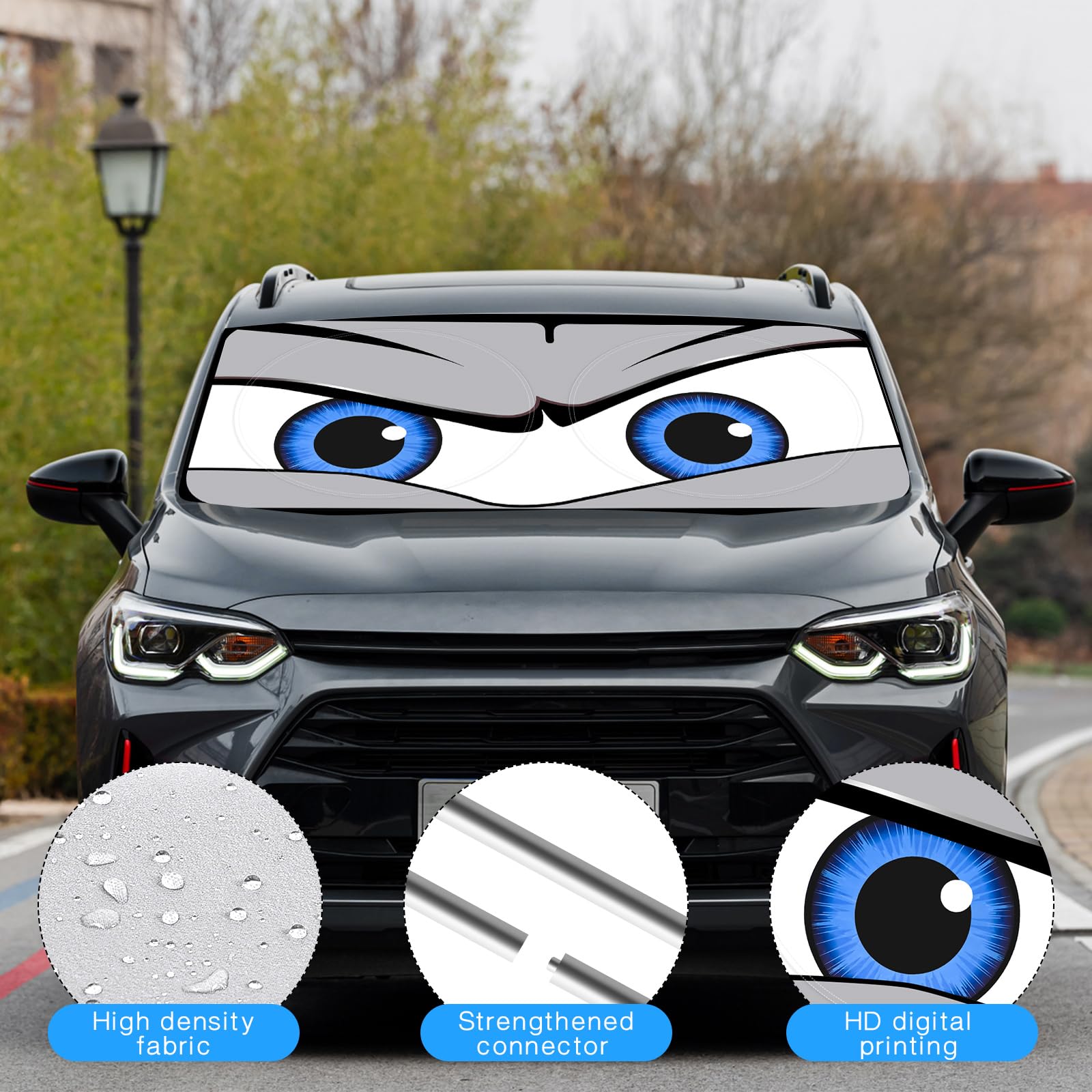 Car Windshield Sun Shade, Funny Eyes Sun Visor, Wear-Resistant Black Tape, Foldable 59X27.5/63''X31.5''