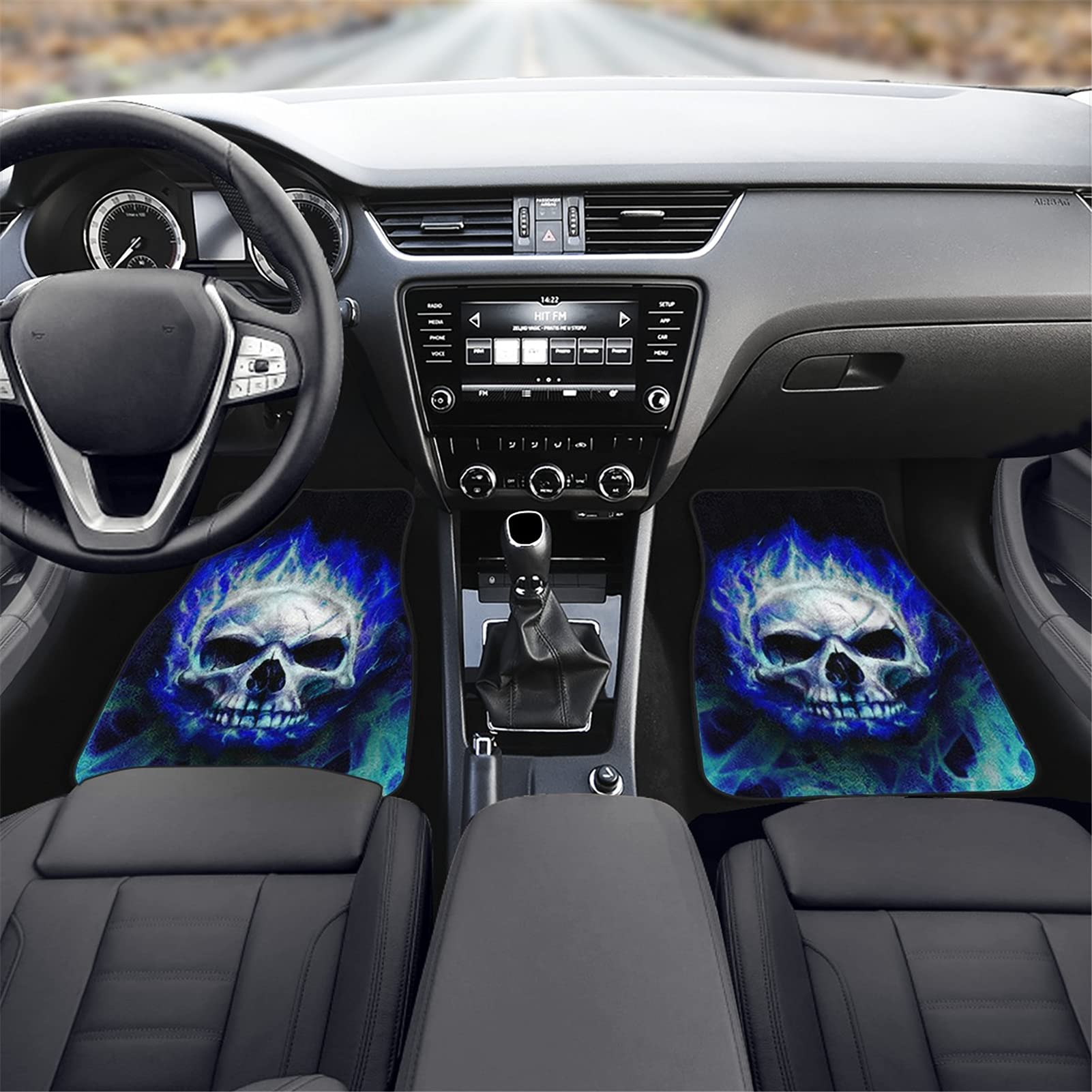 Biyejit Blue Fire Skull Car Floor Mats Set of 4 for Front Rear Seats, Heavy Duty Rubber Backing Universal Fit,SUV Interior Acces