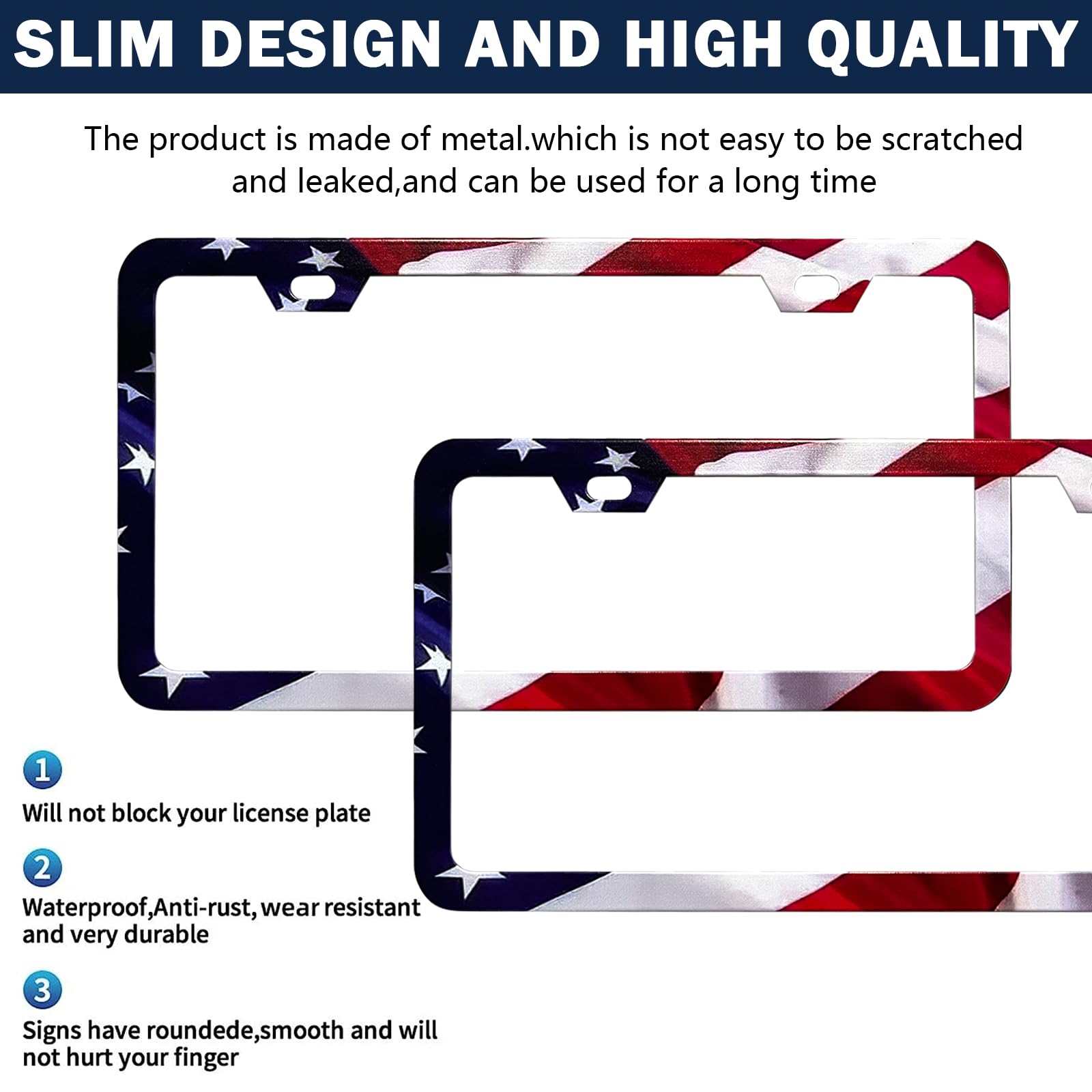 Lin Kang Patriotic American Flag License Plate Frame Holder - 2 Pack Universal Aluminum Matte Stripe Us Flag Gloss Car Plate Fra