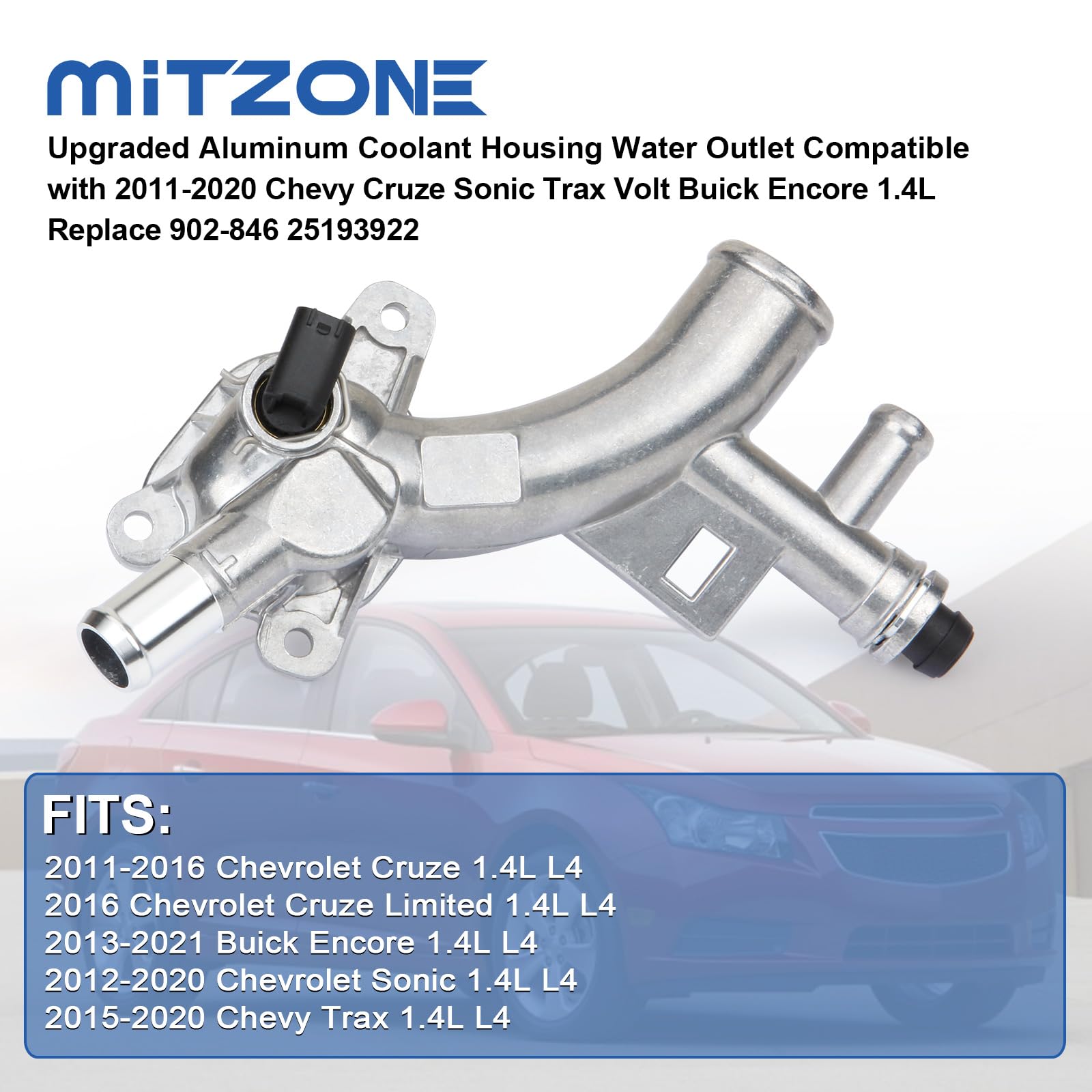 Mitzone Upgraded Aluminum Coolant Housing Water Outlet Compatible With 2011-2020 Chevy Cruze Sonic Trax Volt Buick Encore 1.4L R