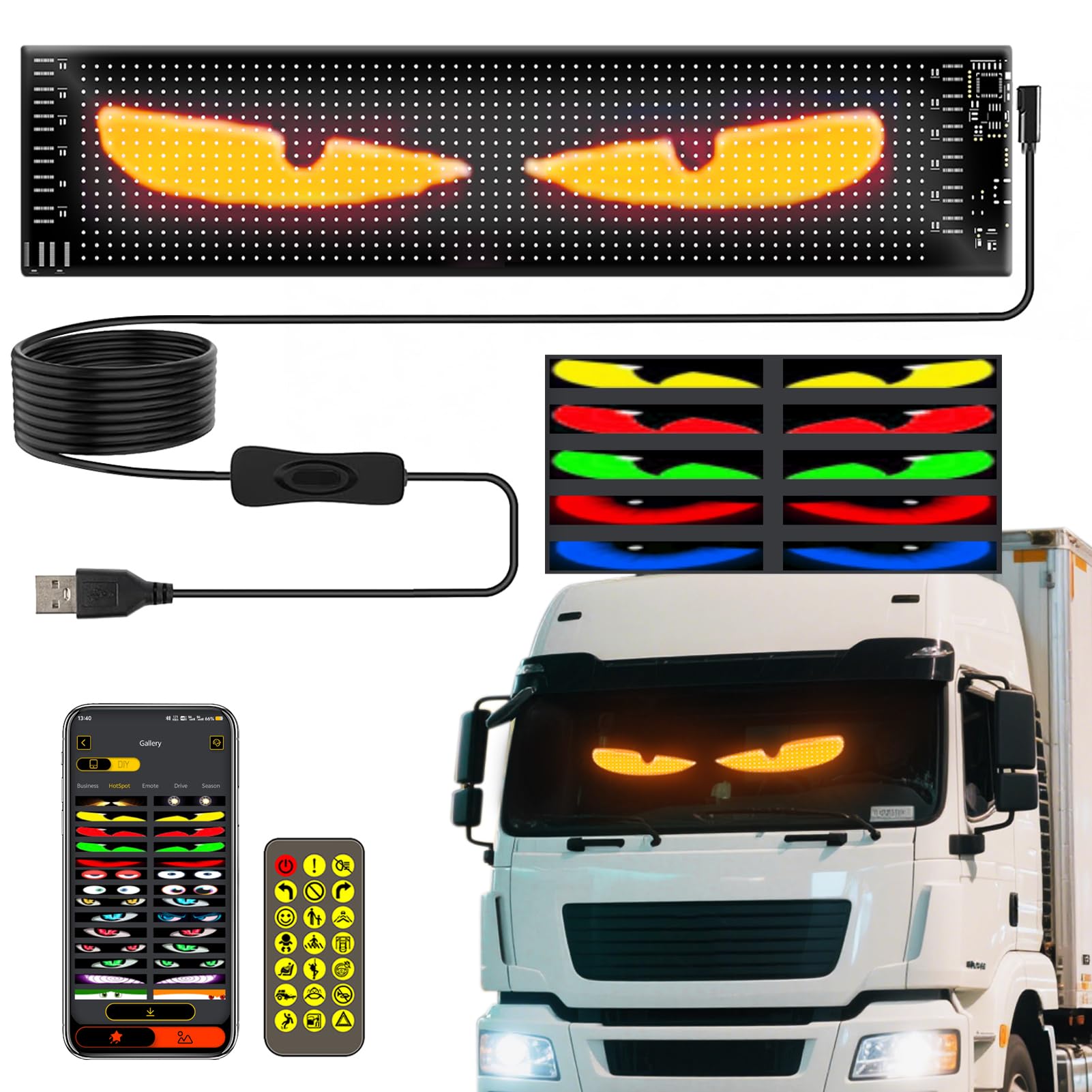 Devil Eyes Light for Cars Windshield, Programmable LED Scrolling Sign, Flexible Screen Digital Display, APP Control, Advertising