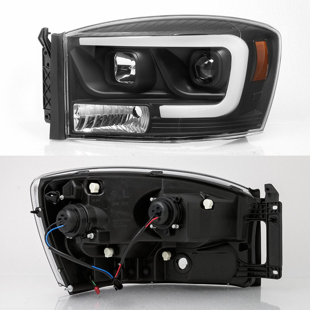 Akkon - For 2006-2008 Dodge Ram 1500 & 06-09 Dodge Ram 2500/3500 Led Daytime Running Lamp Bar Projector Headlights Black Combo