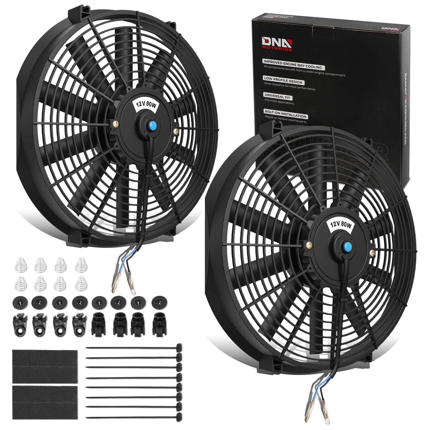 Dna Motoring 14 Inch High Performace Electric Cooling Slim Radiator Fan With Mount Kit, Black, 2Pcs, Raf-14+Fmk-X2