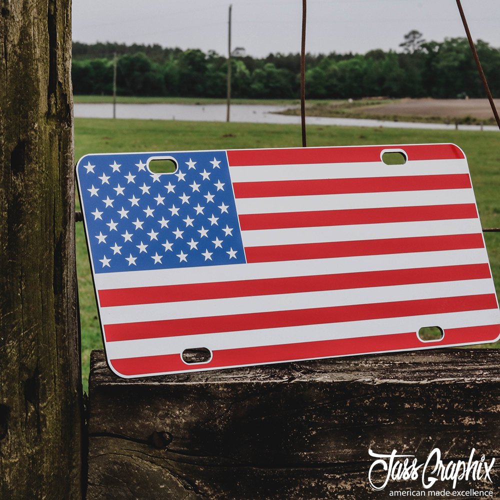 Jass Graphix American Flag License Plate On 1/8 White Aluminum Composite Heavy Duty Usa Car Tag
