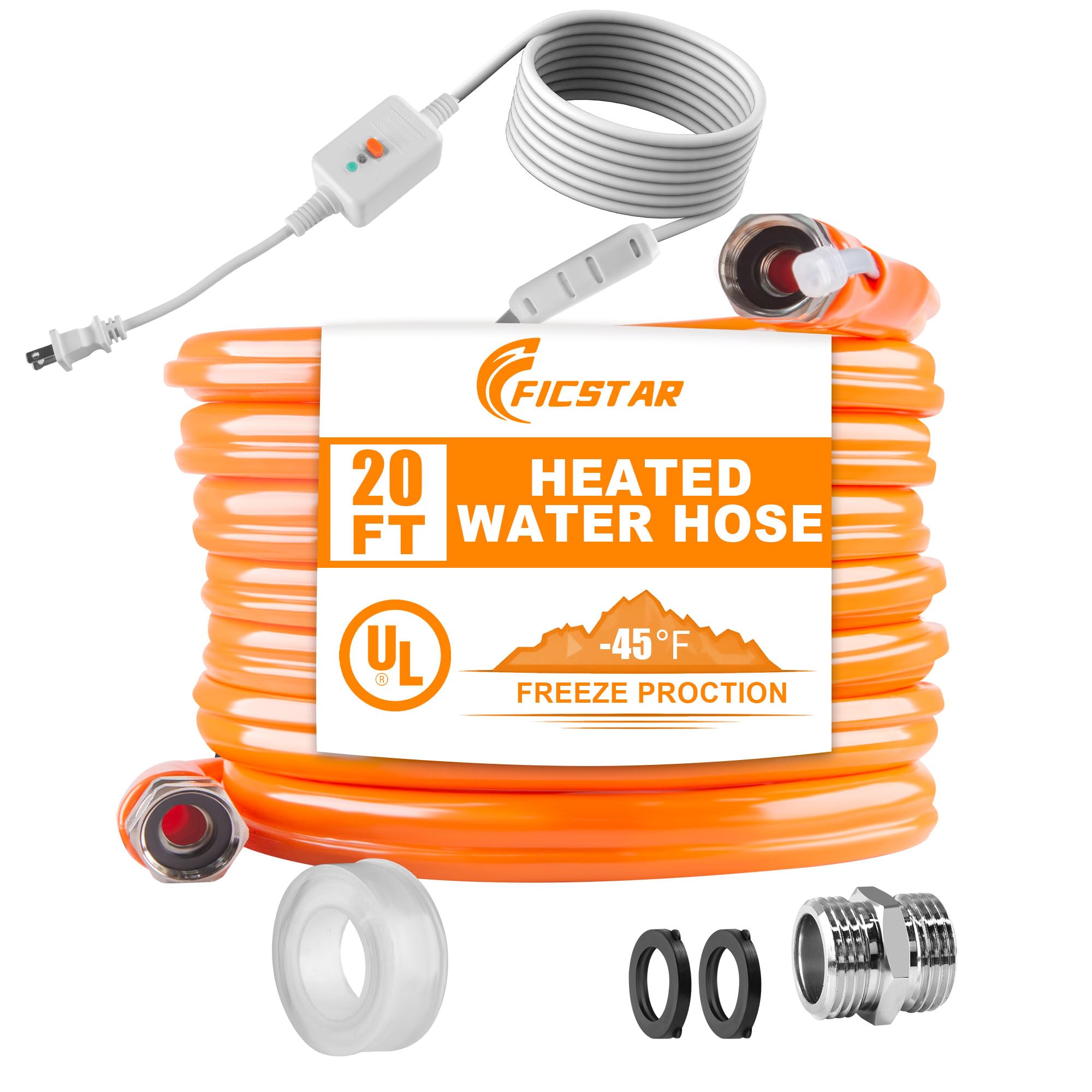 Ficstar 20FT Heated Water Hose for RV, Heated Drinking Water Hose Antifreeze to -45F, Water Heater Thermostat with Self-regulati