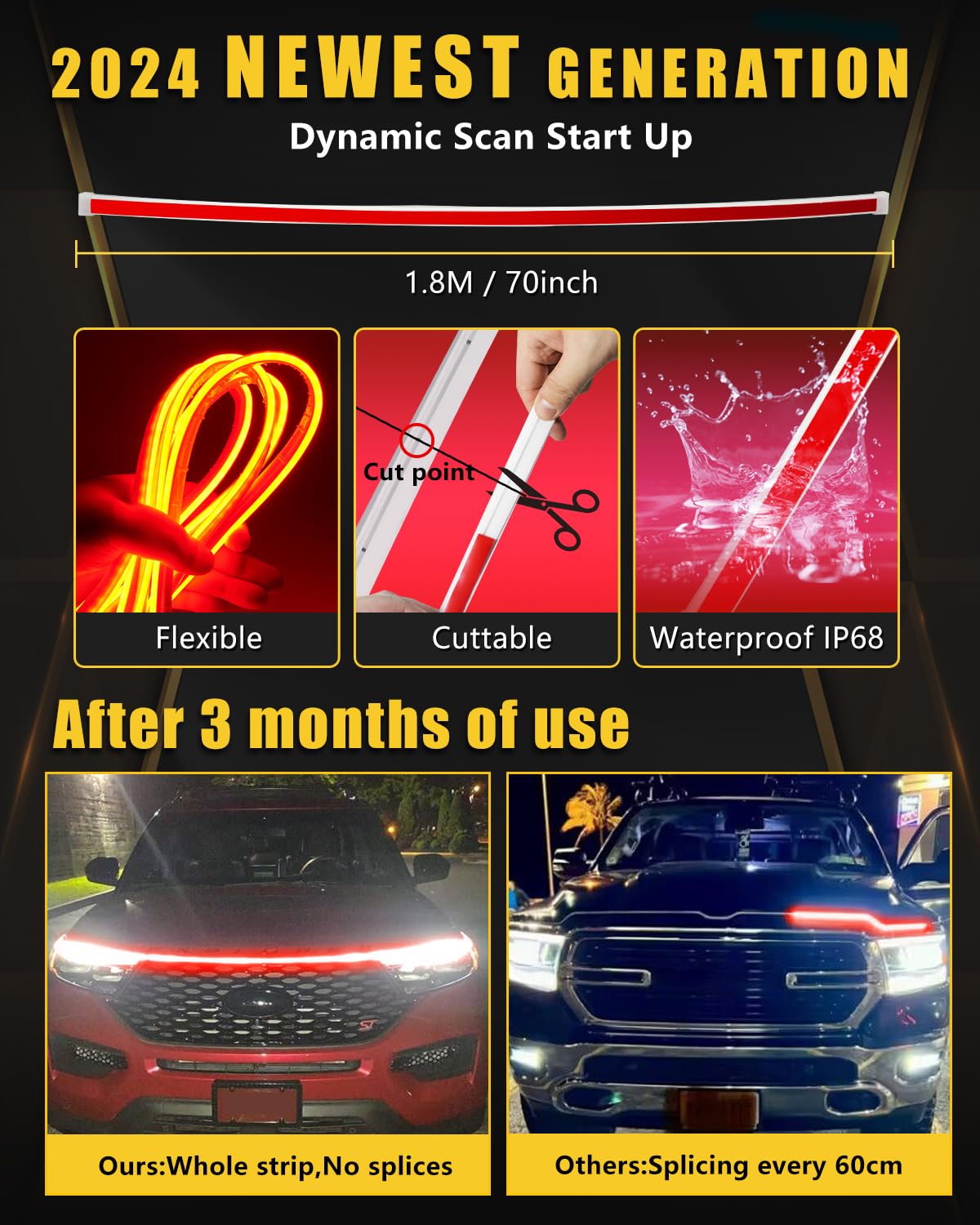 YM E-Bright Sequential LED Turn Signal Light Strip, 70in Flexible DRL, Red/Amber Switchback, Silicone Gel, For Car/Truck/SUV
