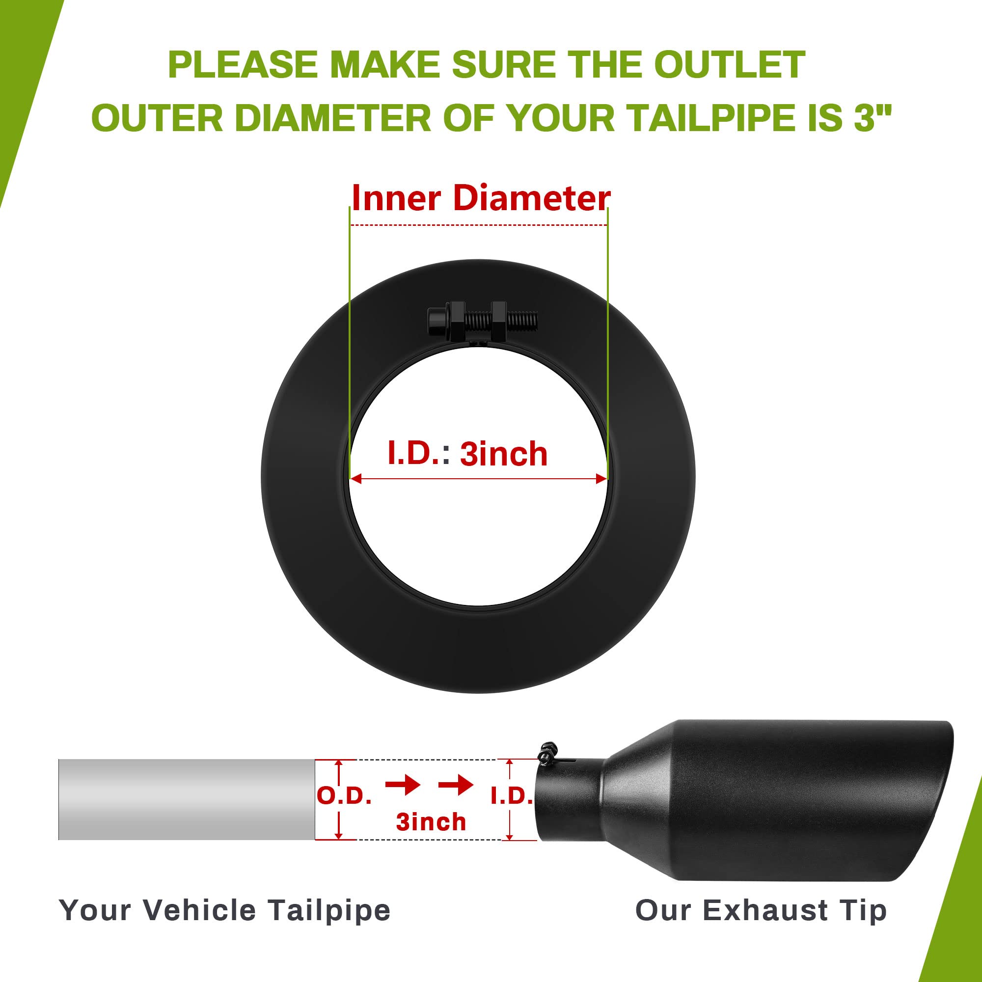 Autosaver88 3 Inch Inlet Exhaust Tip, 3'' Inlet 6'' Outlet 15'' Long Stainless Steel Exhaust Tips, Black Powder Coated Finish Ta