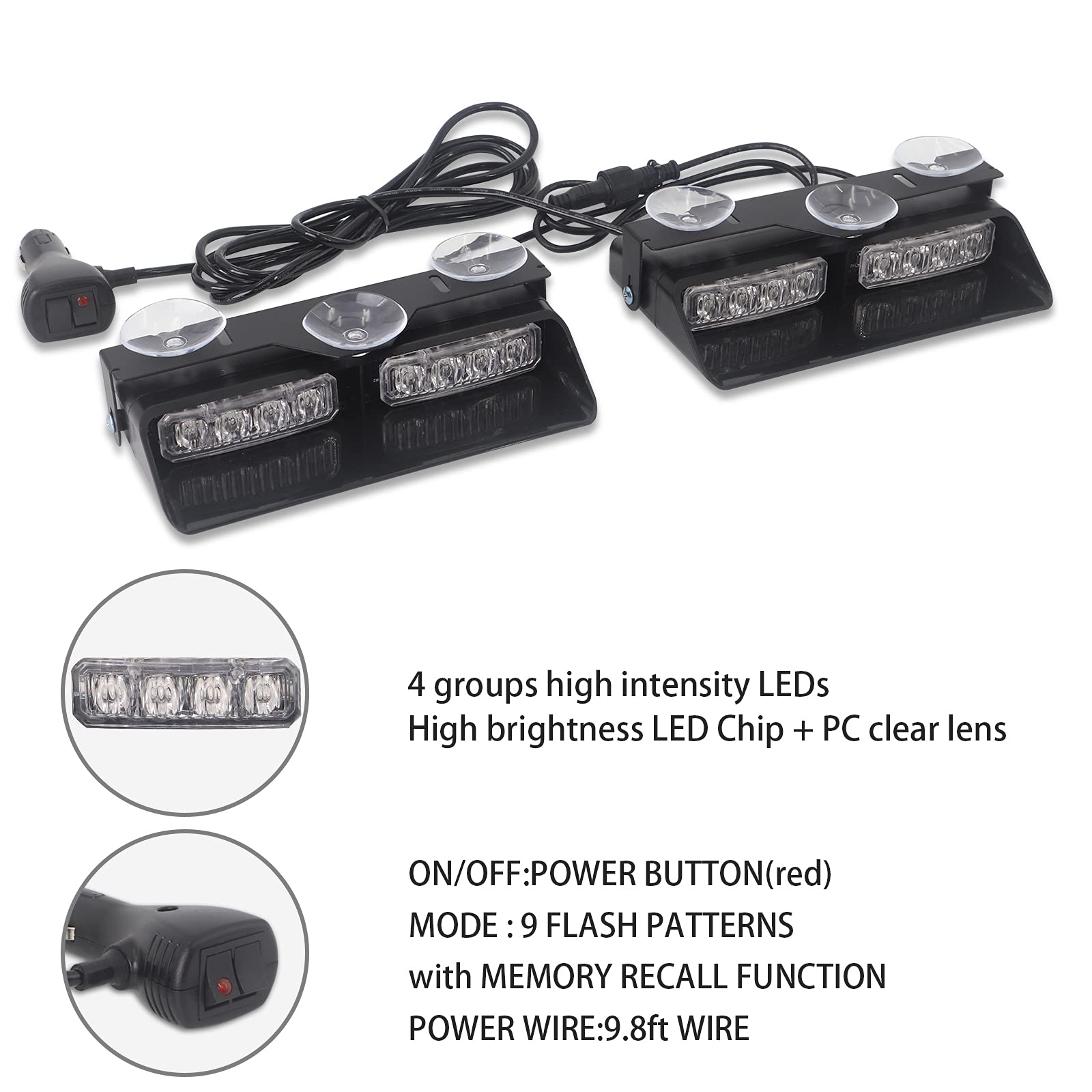 Xridonsen Amber 2 In 1 Emergency Dash Strobe Lights Interior Windshield Lights Hazard Warning Safety Flashing W/Suction Cups For