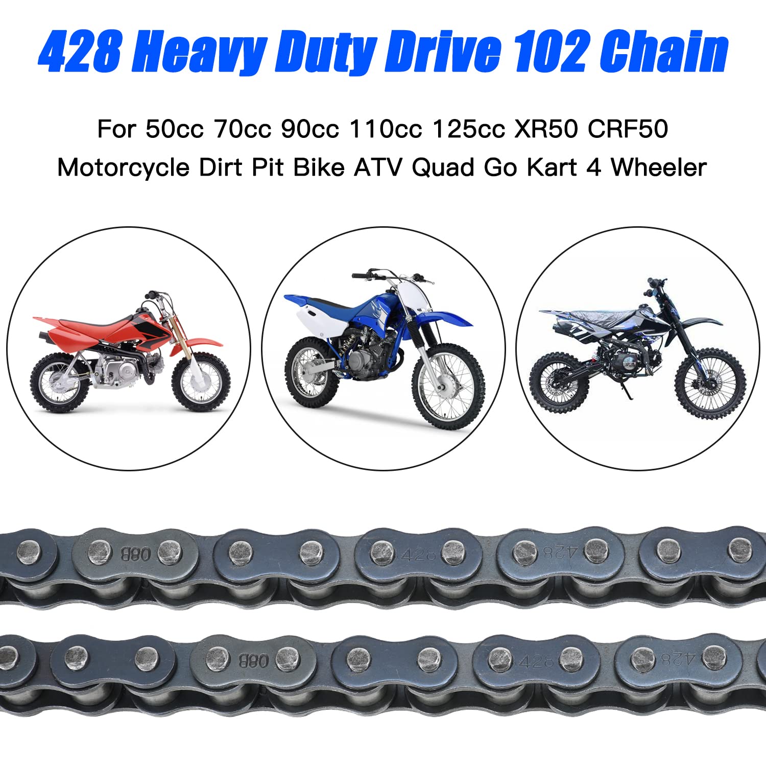 Yoxufa 428 Motorcycle Chain 102 Links For 110Cc 125Cc 150Cc Crf50 Xr50 Coolster Apollo 50Cc 70Cc 90Cc Pit Dirt Bike 4 Wheeler Atv Quad Ttr225 Grom Taotao Db17 Db27 Blazer Sunl Vitacci Go Kart Parts