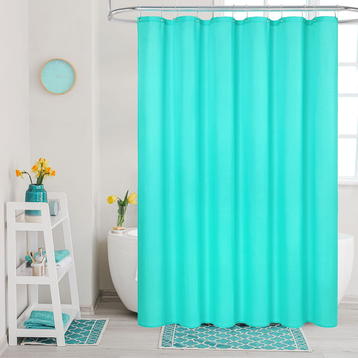 Mitovilla Teal Blue Fabric Shower Curtain Liner, Turquoise Shower Curtain Or Liner With Plastic Hooks For Modern Bathroom Decor, Waterproof Cloth & Hotel Quality, 72' W X 72' H