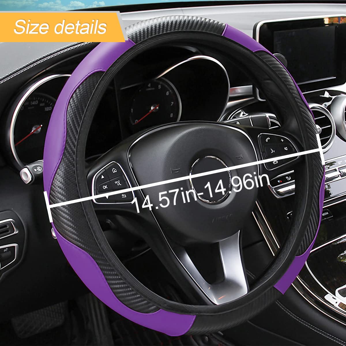 Car Steering Wheel Cover, Microfiber Pu Leather Elastic Carbon Fiber Auto Steering Wheel Protector, 15 Inch Breathable Anti-Slip For Women Men, Car Interior Accessories For Most Cars (Black/Purple)