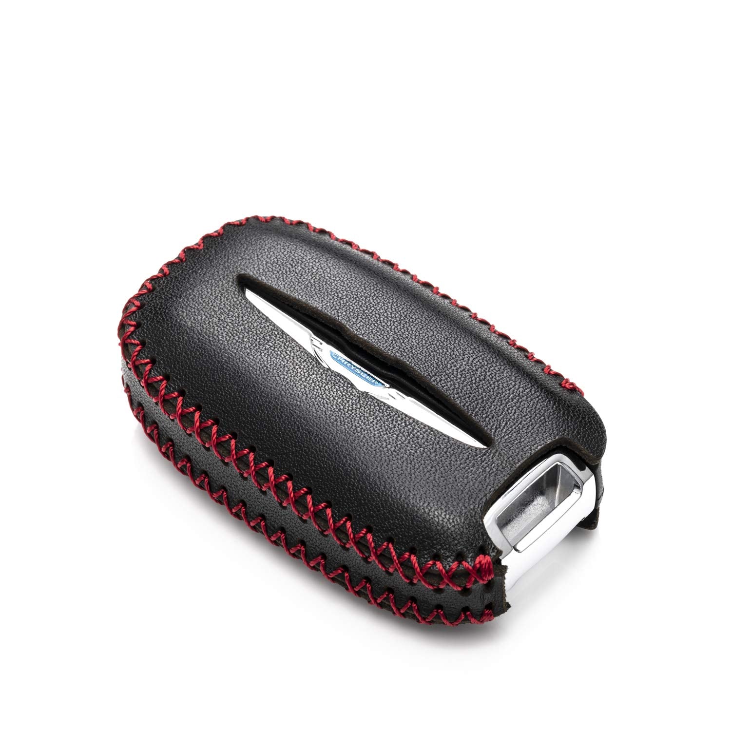 Vitodeco Genuine Leather Smart Key Fob Case Cover Protector with Leather Key Clap Compatible for Chrysler Pacifica 2017 - 2024 (7-Button, Black/Red)