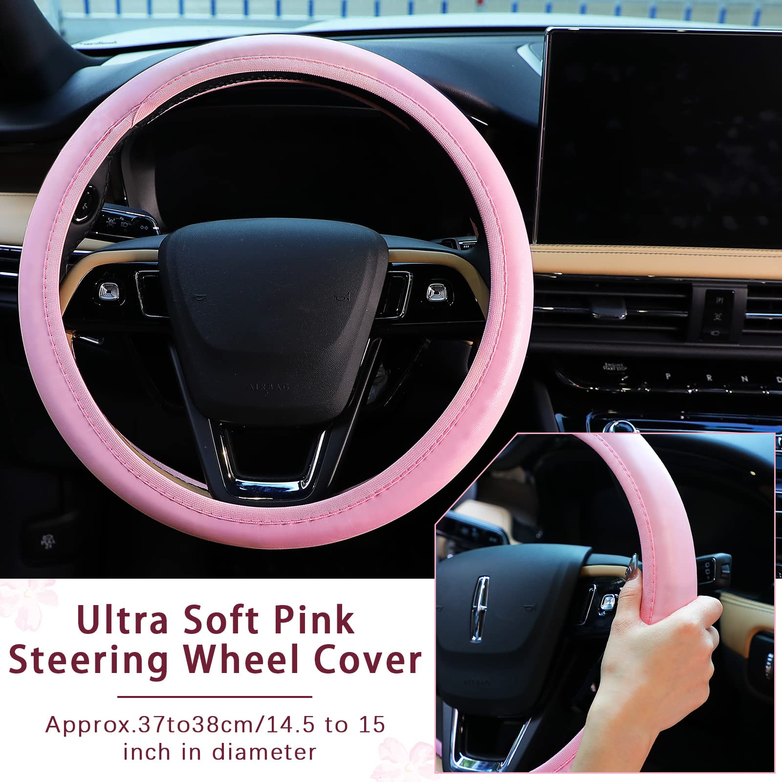 Frienda 10 Pcs Leather Steering Wheel Cover Set For Women 14.5-15 Inch Car Accessories With Seat Belt Shoulder Pad Seatbelt Cove