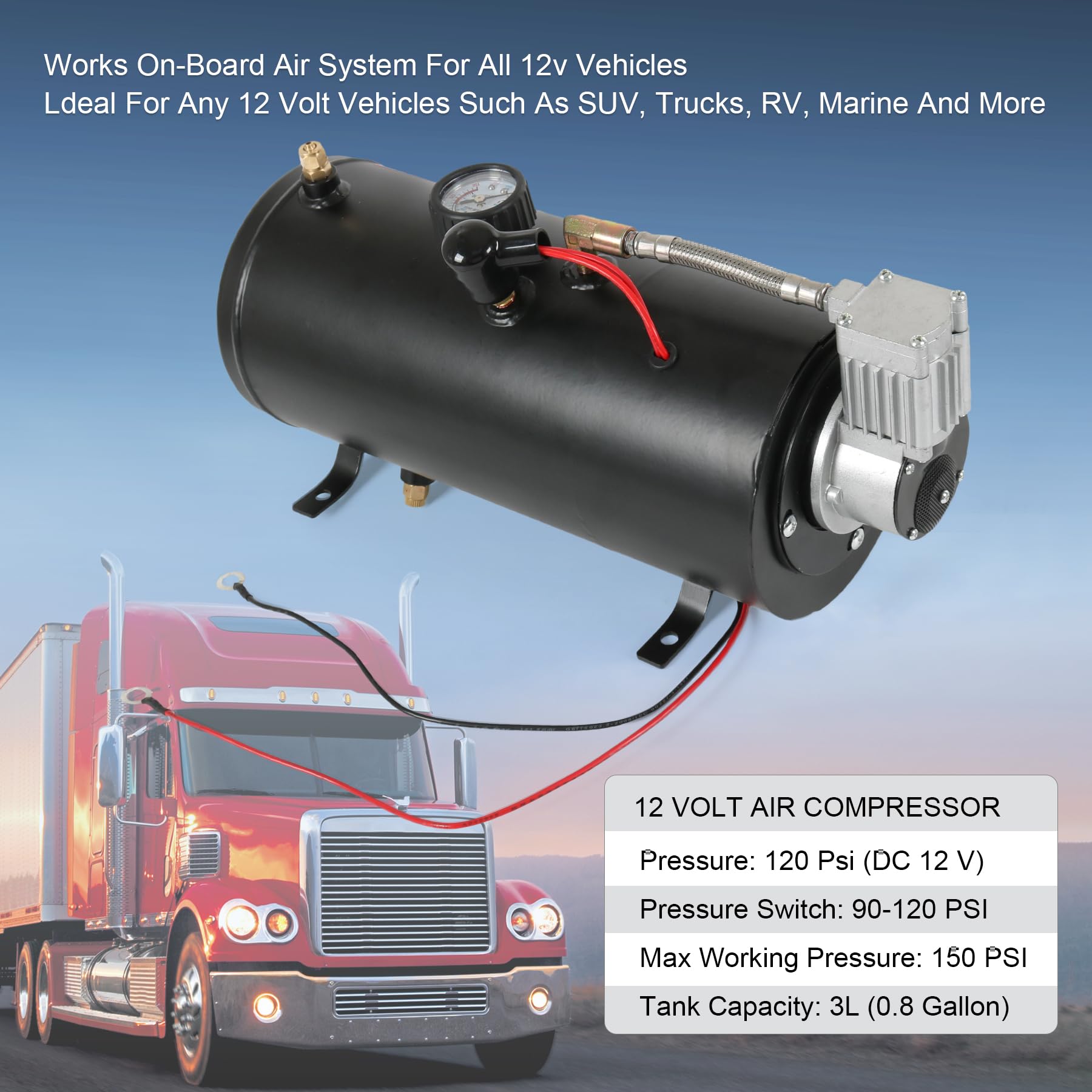 DC 12V MAX 150PSI Air Compressor Tank Pump with 3 Liter Tank 0.8 Gallon Portable Air Compressor Pump for Train Truck Pickup Moto