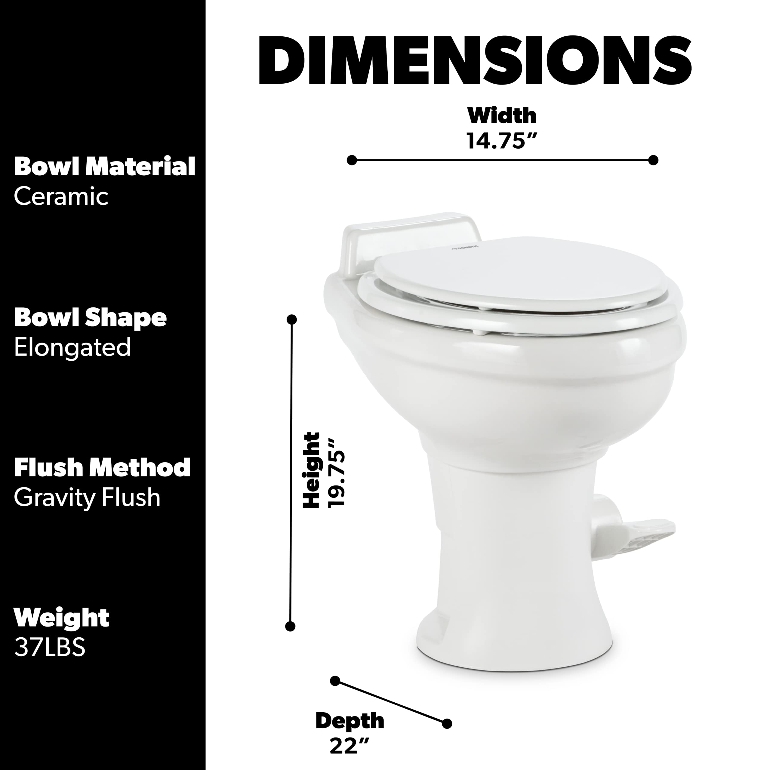 Dometic 320 Series Standard Height Gravity Rv Toilet With Elongated Ceramic Bowl