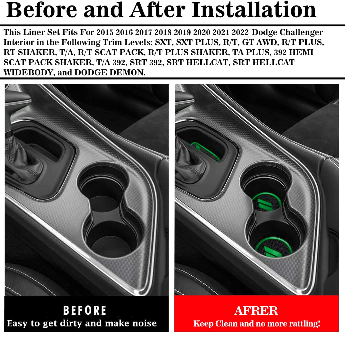 Auprite Anti Dust Mats For Dodge Challenger Accessories 2015-2022, Custom Fits Cup Holder Liners Mats Door Pocket Center Console