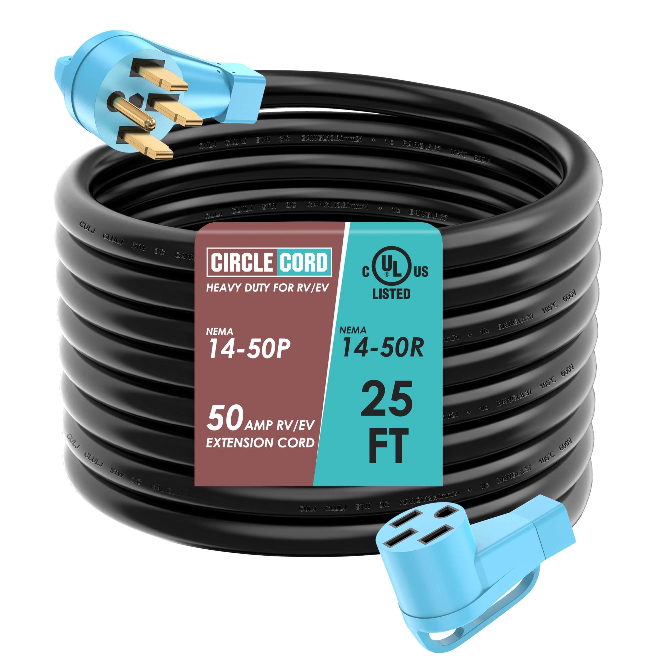 Circlecord Ul Listed 50 Amp 25 Feet Rv/Ev Extension Cord, Heavy Duty 6/3+8/1 Gauge Stw Wire, Nema 14-50P/R Suit For Tesla Model