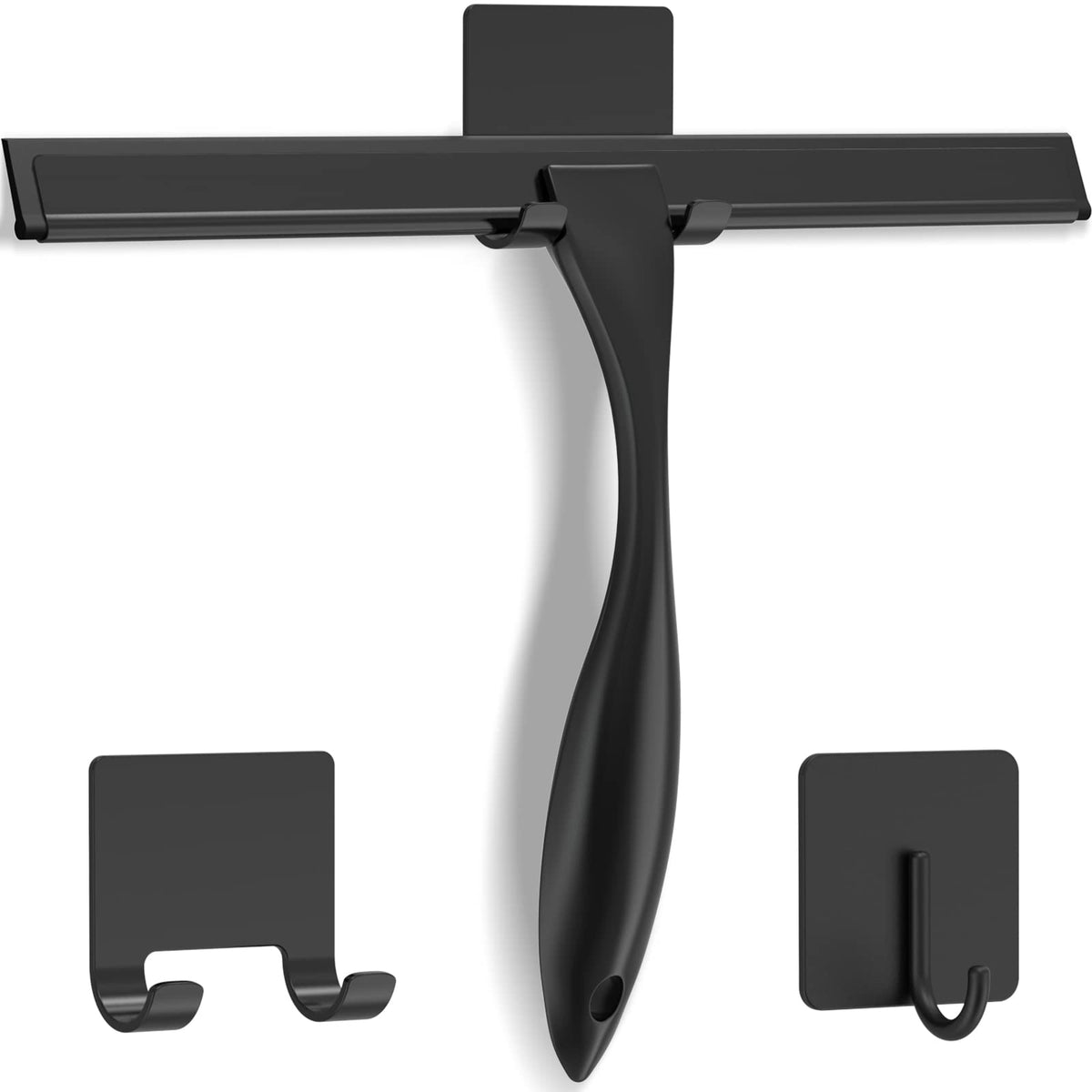 All-Purpose Stainless Steel Shower Squeegee For Shower Doors With 2 Adhesive Hooks, Bathroom Cleaner Tool Household Window Mirror Squeegee For Home Cleaning, Glass Door, Tile Wall, Car, 12 Inch Black