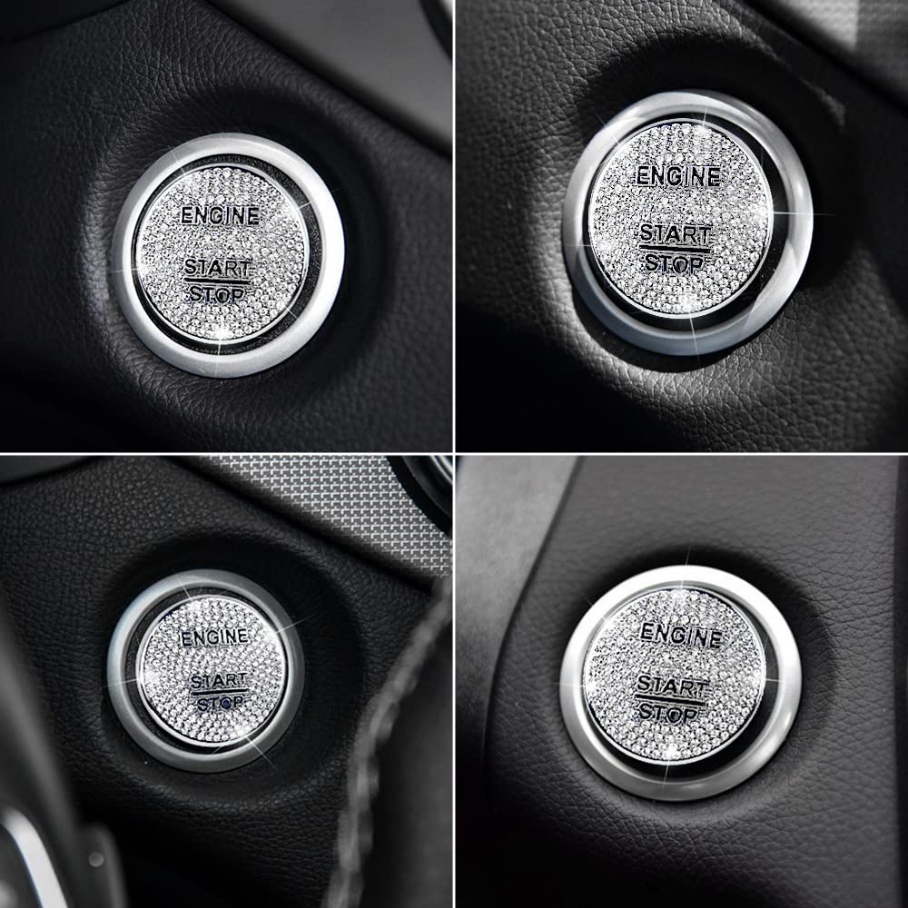 LECART Bling Engine Start Stop Button Cover for Mercedes-Benz, Metal Ignition Sticker, Model LECART-90, Ignition Cover, Color: Silver