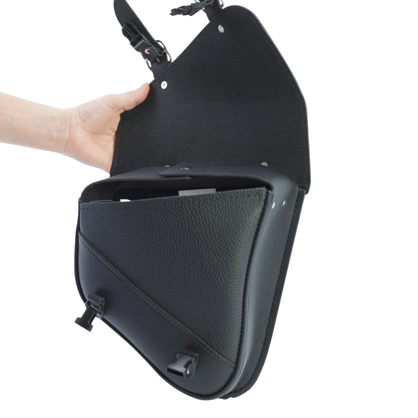 Willie & Max Black Synthetic Leather Small Motorcycle Swingarm Bag For Softail/Triangulated Swingarm Models - Chrome Buckles - M