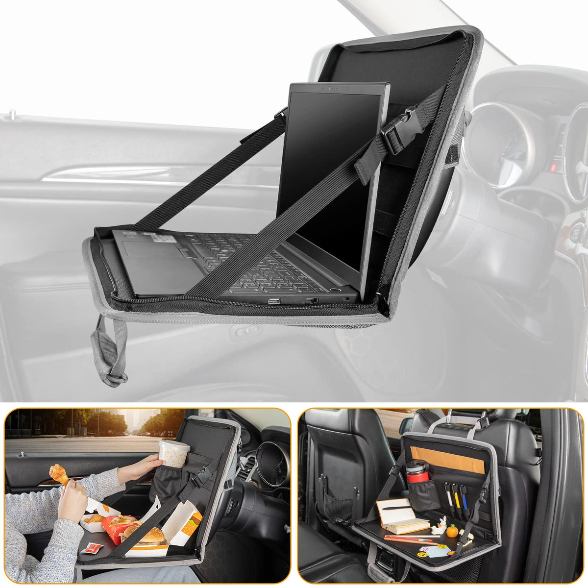 Joytutus 3 In 1 Steering Wheel Eating Tray (Gray), Car Back Seat Laptop Desk, Multifunctional Office Bag, Car Work Table For Wri