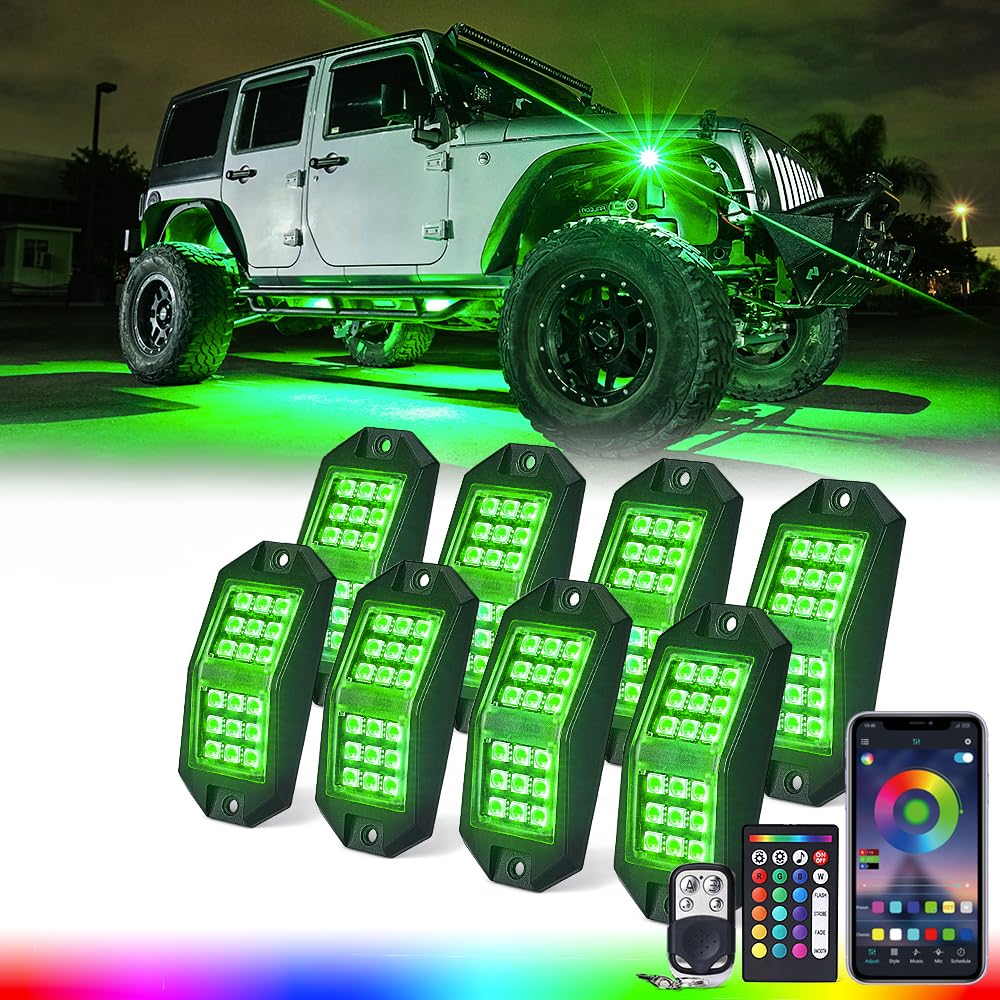 Xprite 8 Pods Rock Lights Wide Angle Bluetooth Rgb Rocklights, Multicolor Neon Lighting Footwell Underglow Kits W/Wireless Remot